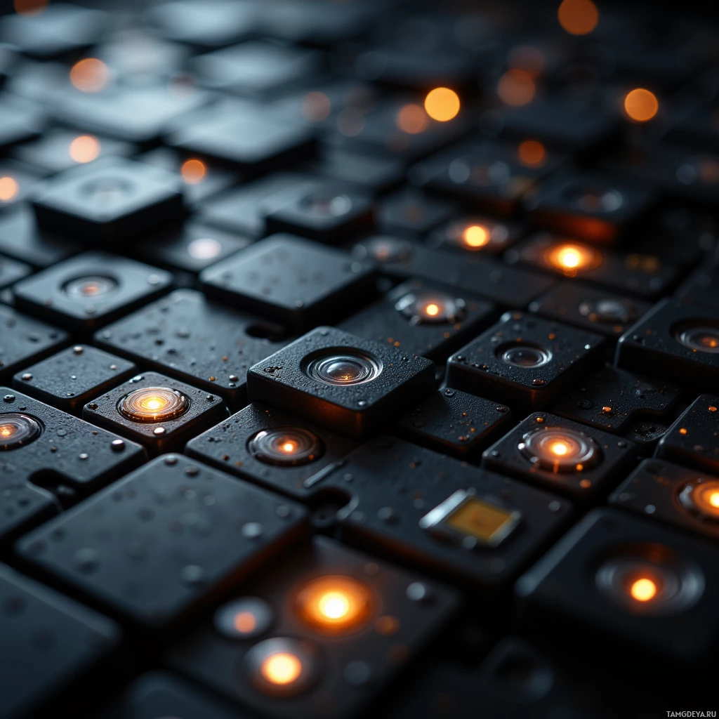 Semi-abstract image with many light, that is suitable for the post:  Sleek matte‑black modular game board of interlocking tiles, each adorned with tiny embedded LEDs and metallic RFID chips that subtly glow in dynamic patterns.