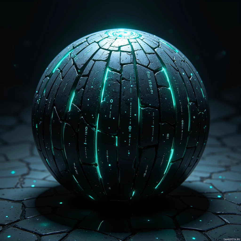 Semi-abstract image with many light, that is suitable for the post:  Matte black spherical shell with pulsing, shifting glyphs resembling lines of code, faint electric blue and neon green glow, intricate binary patterns etched across its surface, cybernetic data‑void aura.