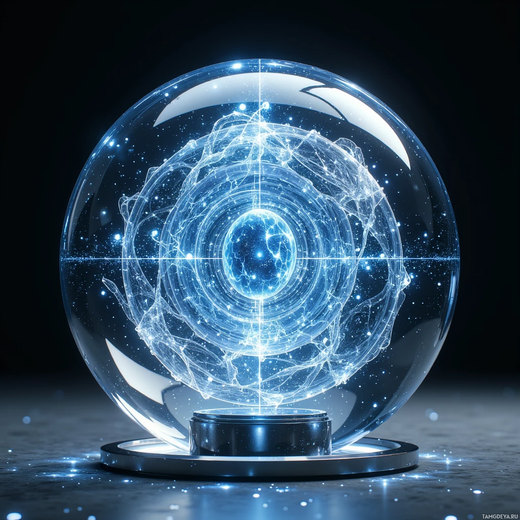 Semi-abstract image with many light, that is suitable for the post:  Razor-thin silver-backed sphere with a translucent crystal lattice, embedded living holographic grid that warps upon touch, tiny glowing data shards embedded within, subtle pulsing light mimicking low-frequency resonance, sleek metallic rim, minimalist design.