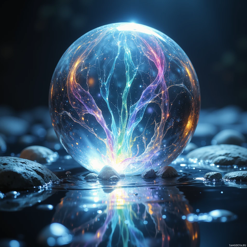 Semi-abstract image with many light, that is suitable for the post:  tiny translucent fused silica sphere etched with weathered runes, polished reflective surface emitting color‑shifting holographic ribbons and a subtle internal glow from an embedded microreactor, reflecting faint sea currents in a hauntingly luminous shimmer.