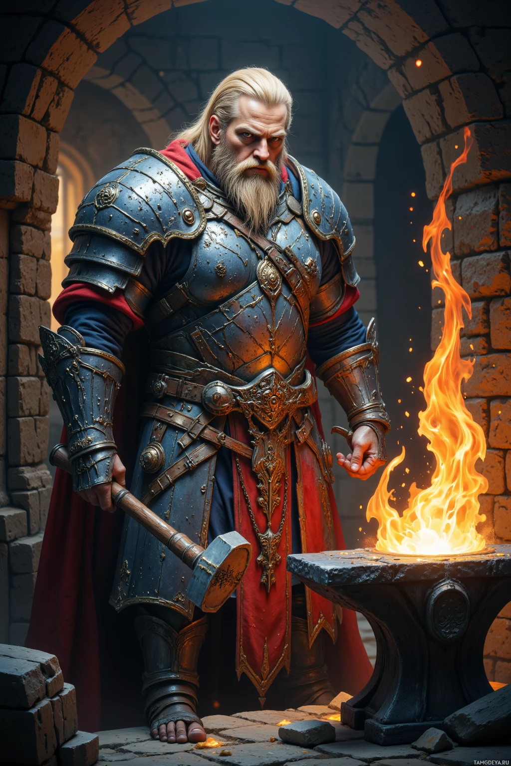 Realistic high quality photo. A towering 45‑year‑old man with blonde hair and blue eyes, wearing weathered stone‑like armor, stands in a morning forge lit by glinting metal, gripping a hammer over an anvil while a humming gauntlet glows beside him, the clank of metal echoing in the stone chamber.