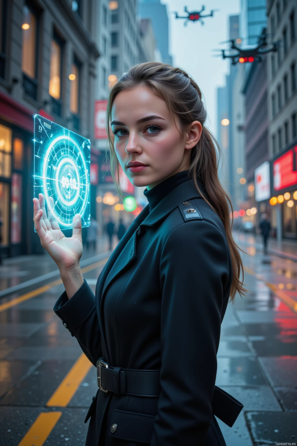 Realistic high quality photo. Female, 30, light brown hair tied back, piercing green eyes, wearing a long black coat and bold futuristic boots, standing on an empty city street at dusk under glowing traffic lights glitching in the grid, a holographic code display hovering beside her as drones buzz overhead, she smiles confidently yet guardedly.