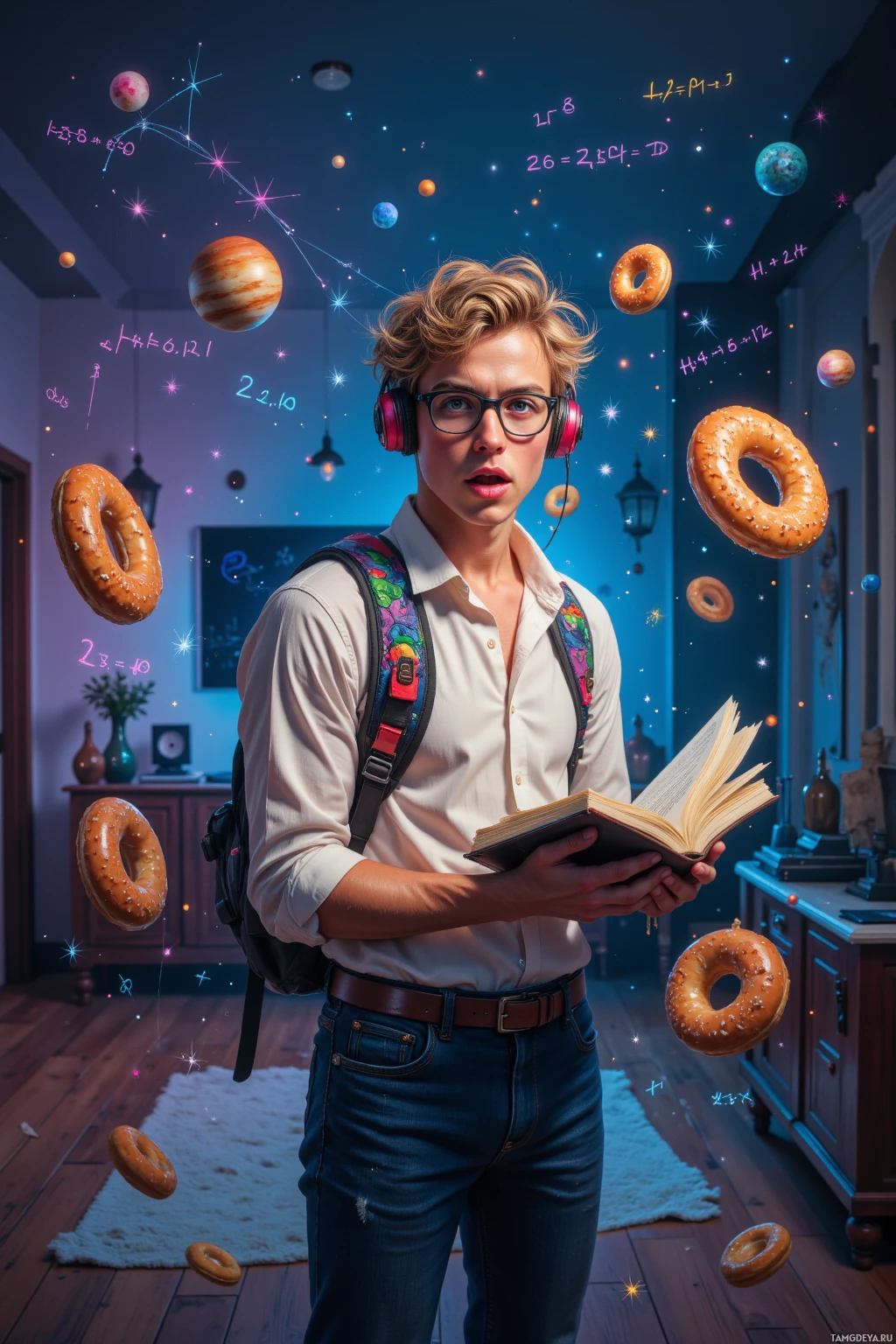 Человек в наушниках держит открытую книгу, вокруг него парят пончики и небесные элементы.