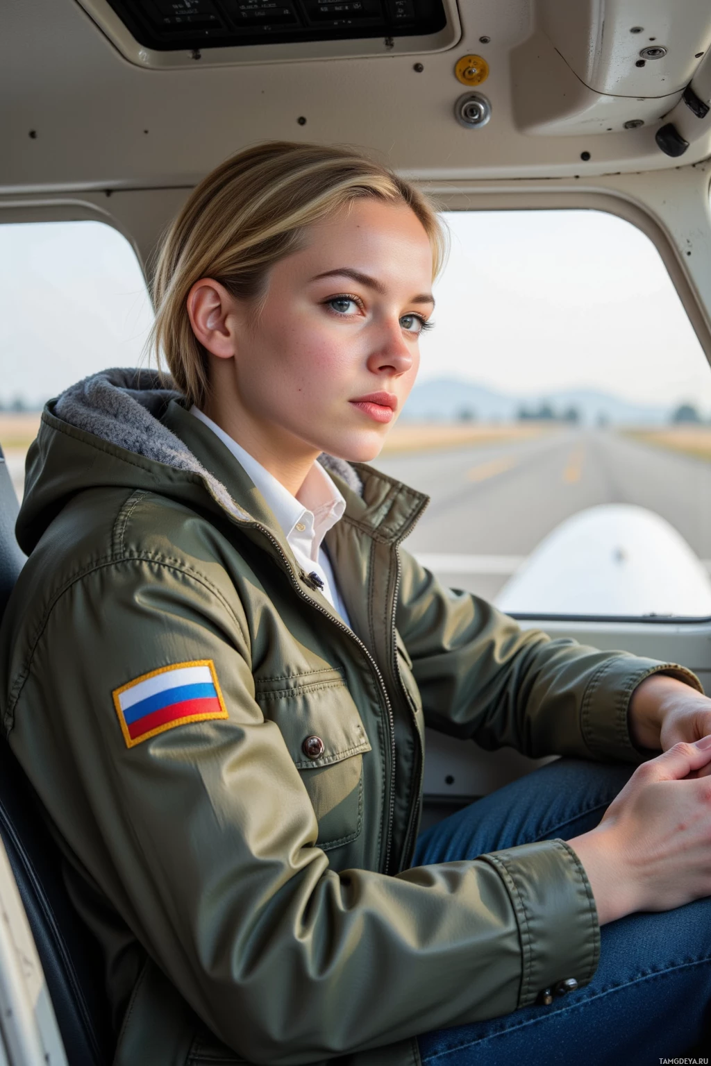 В кабине самолета сидит человек в оливково-зеленой куртке с нашивкой российского флага.