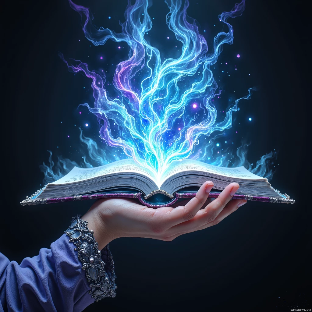 В руке держится раскрытая книга, из страниц которой вырывается светящаяся, волнующаяся энергия.