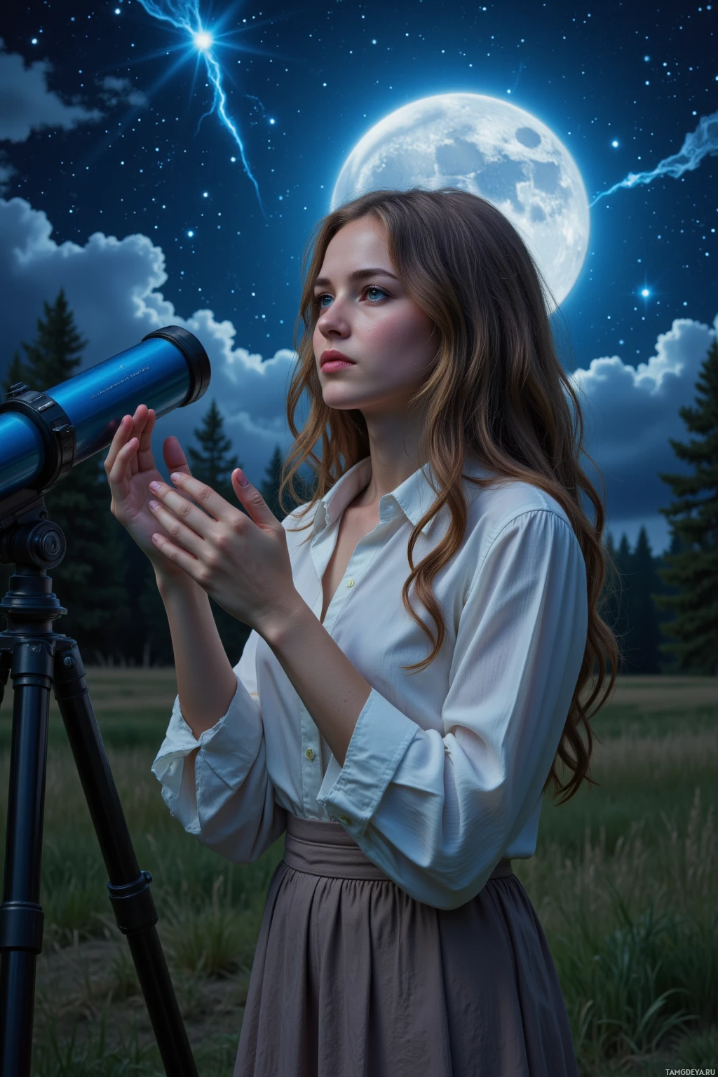Молодая женщина стоит на улице ночью, глядя в телескоп под звёздным небом, освещенным полной луной.