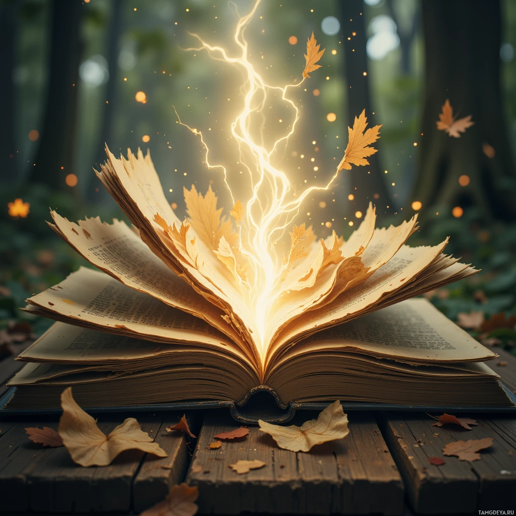 Открытая книга, над которой сверкают молнии и лежат осенние листья на деревянной поверхности.