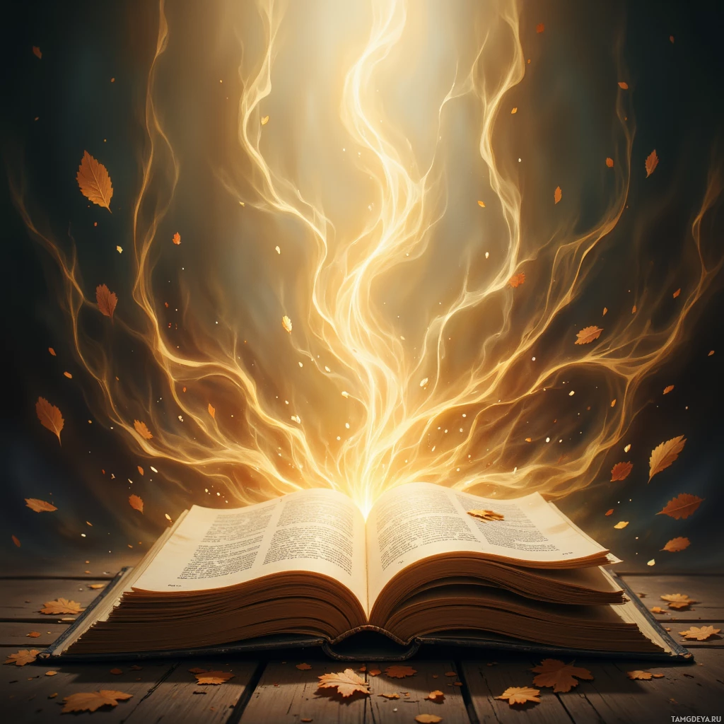 Открытая книга излучает мягкое сияние, окружённая падающими осенними листьями.