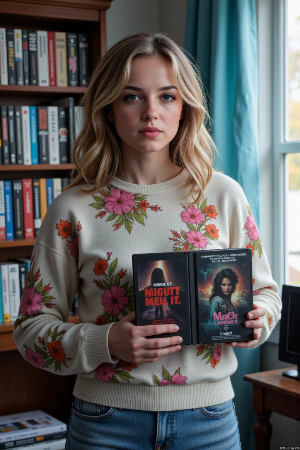 Человек в свитере с цветочным принтом держит в руках две DVD-диски на фоне книжного шкафа.