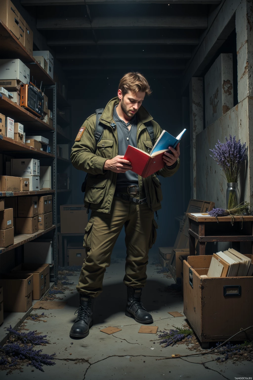 Мужчина в форме, напоминающей военную, читает книгу в полутемном, заваленном хламом подсобном помещении.