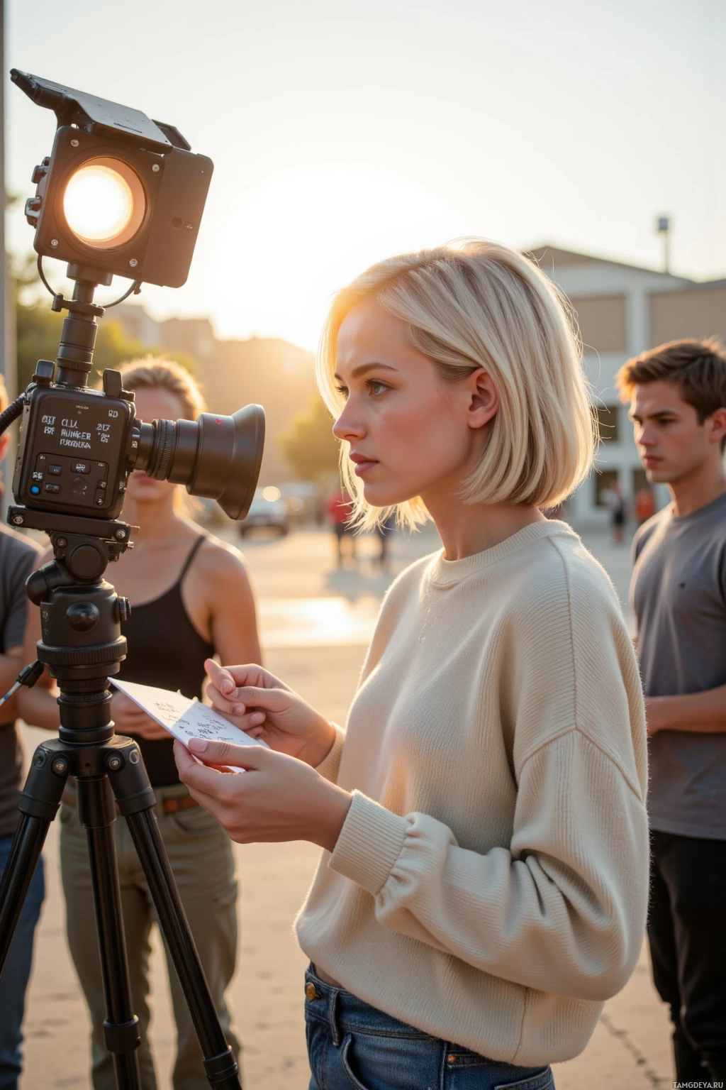 Realistic high quality photo. A 29‑year‑old woman with short white hair and blue eyes, wearing a loose cream sweater and faded blue jeans, stands on a film backlot in early morning light, tightening the halo bloom on a high‑end LED rig, adjusting color temperature from cool teal to soft sunrise, holding a handwritten note that reads “chill sunrise paradox” while a crew watches, all bathed in warm, analytically sharp sunlight.