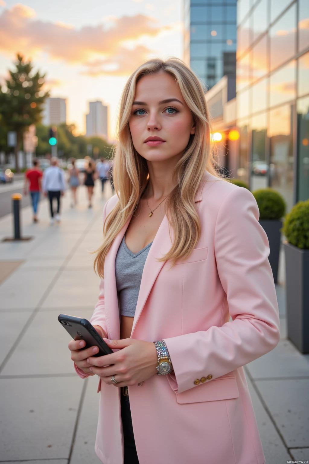 Realistic high quality photo. A 22-year-old woman with long blonde hair, bright blue eyes, fair skin, wearing a pastel blazer over a casual chic top and subtle jewelry, standing on a modern city sidewalk at sunrise with a warm pastel sky, wearing neon sneakers that match the sunrise palette and a glitter cuff, mid-stride looking confidently toward the camera while holding a smartphone for a selfie, with glass office buildings and a light dawn glow in the background.