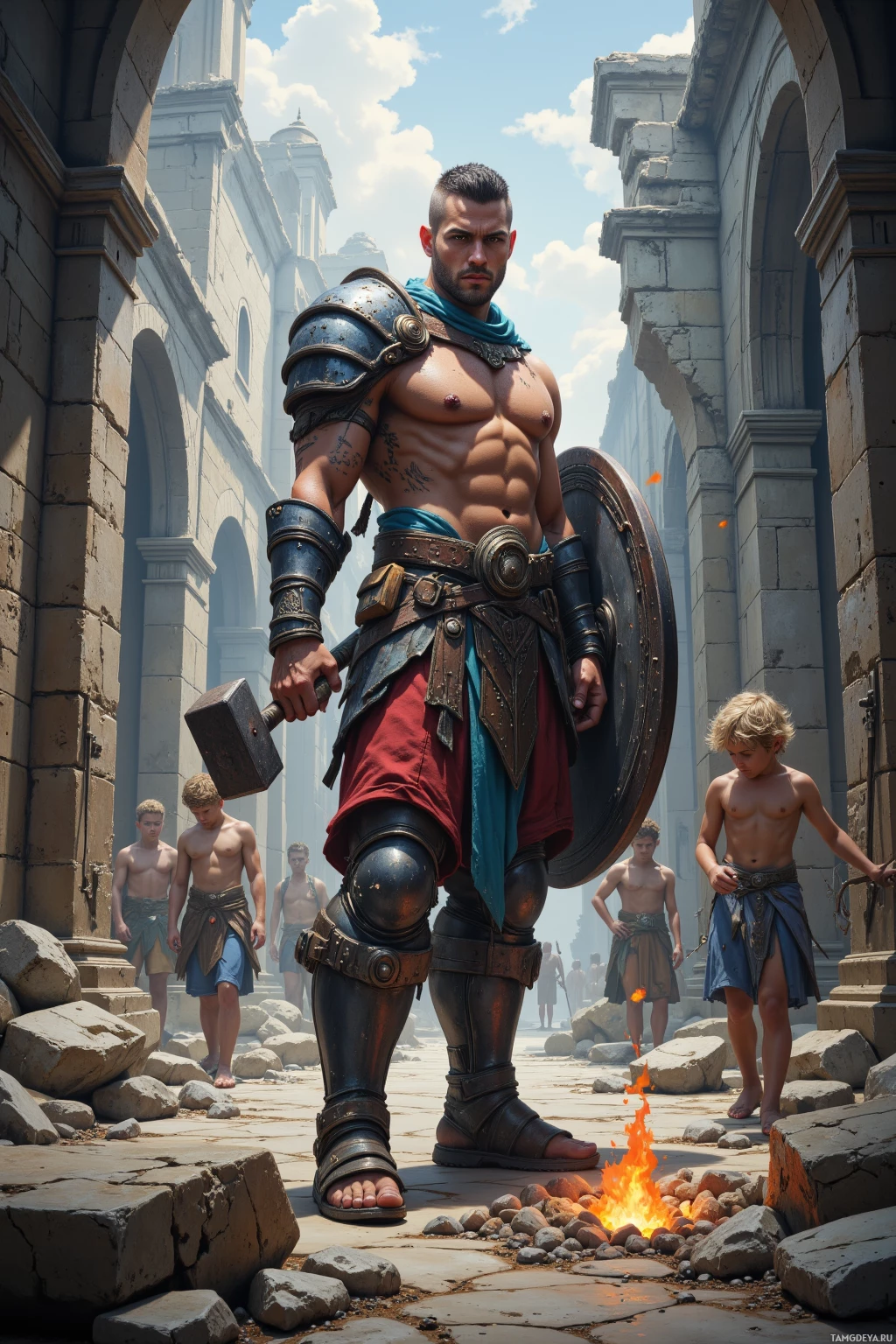 Realistic high quality photo. A tall muscular male warrior with cropped black hair, glowing red eyes, tanned battle‑scarred skin, wearing dark weathered armor and a crimson‑leather wrapped sword, holding a battered hammer in one hand and a heavy shield on his back, stands amid crumbling stone walls of a post‑apocalyptic settlement as children gather stones to mend them, with a low fire pit crackling below and wind whipping through the ruined courtyard under a cracked sky.