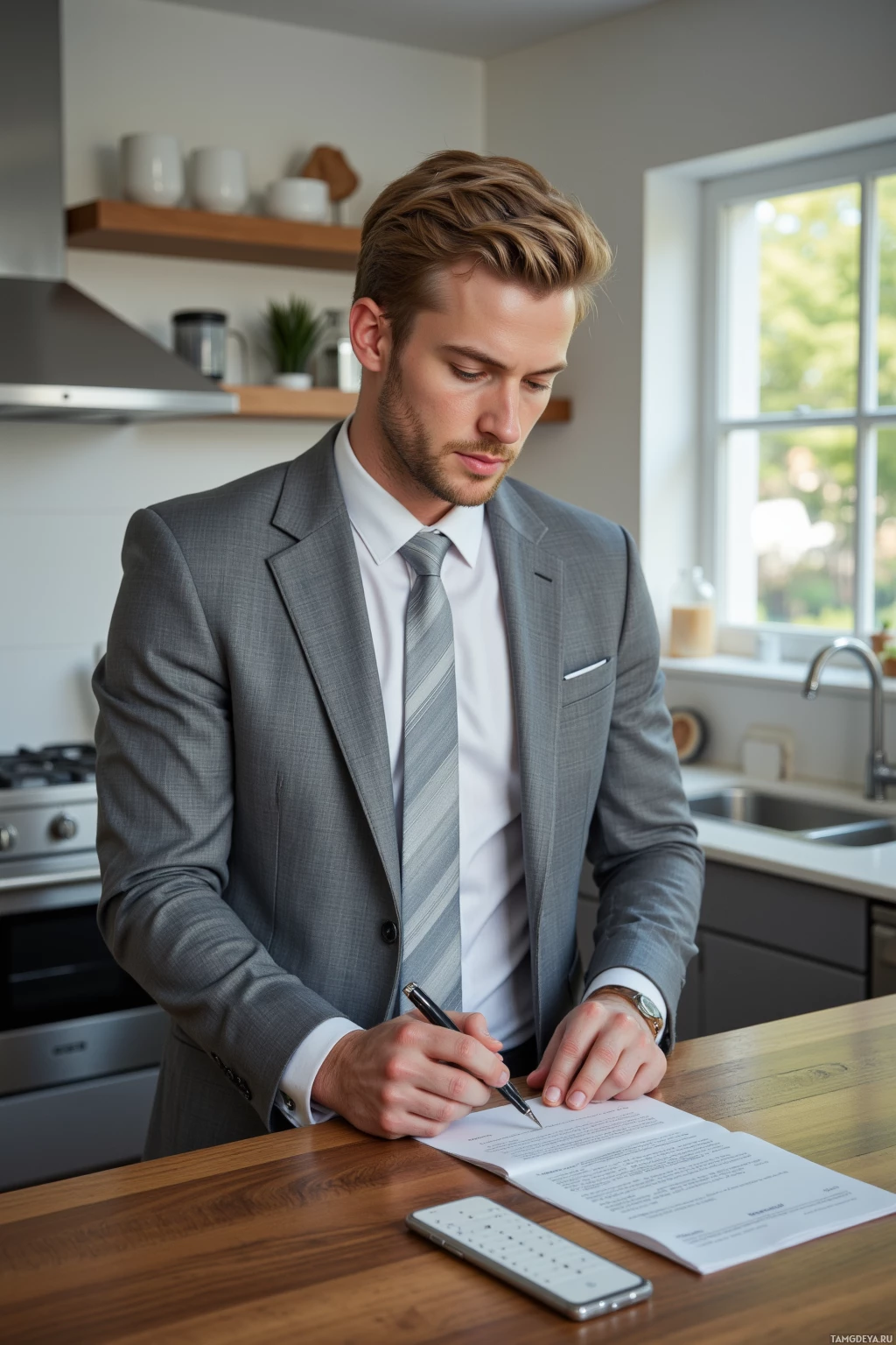 Realistic high quality photo. A 33‑year‑old man with short blonde hair, blue eyes, pale gray tailored suit, crisp white shirt and silver tie stands in a modern kitchen at noon, holding a fountain pen on a wooden counter and examining its weight distribution, surrounded by stainless steel appliances, a window letting in soft afternoon light, his calm, focused posture reflecting his habit of turning silence into strategy.