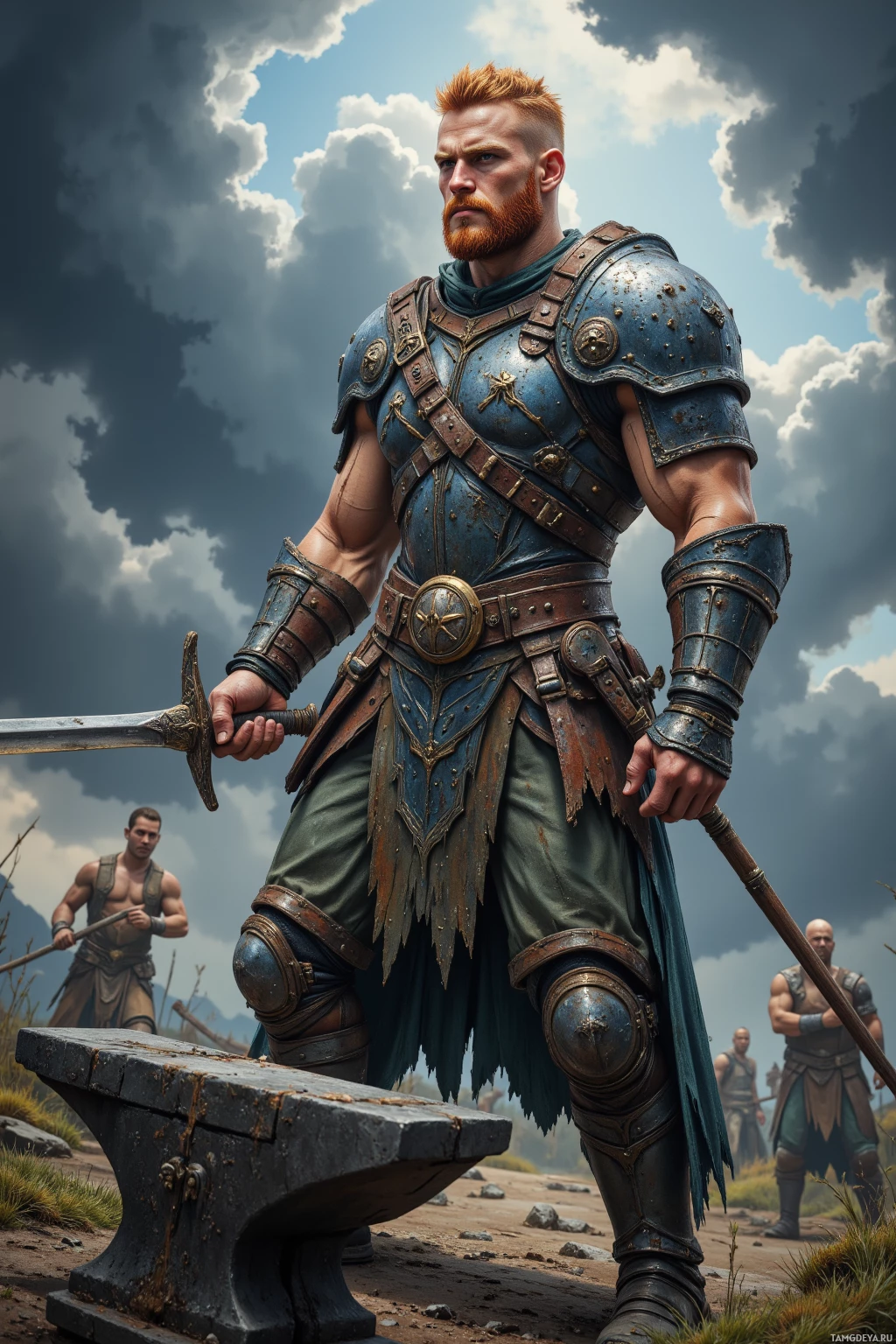 Realistic high quality photo. A muscular 38‑year‑old warrior with fiery red hair, sharp green eyes, fair skin, prominent jawline, wearing rugged battle armor with intricate metal plates and leather straps, stands on a storm‑swept ridge under dark clouds, swinging a sword over a smith’s anvil with distant war drums echoing, his stance bold and unwavering.