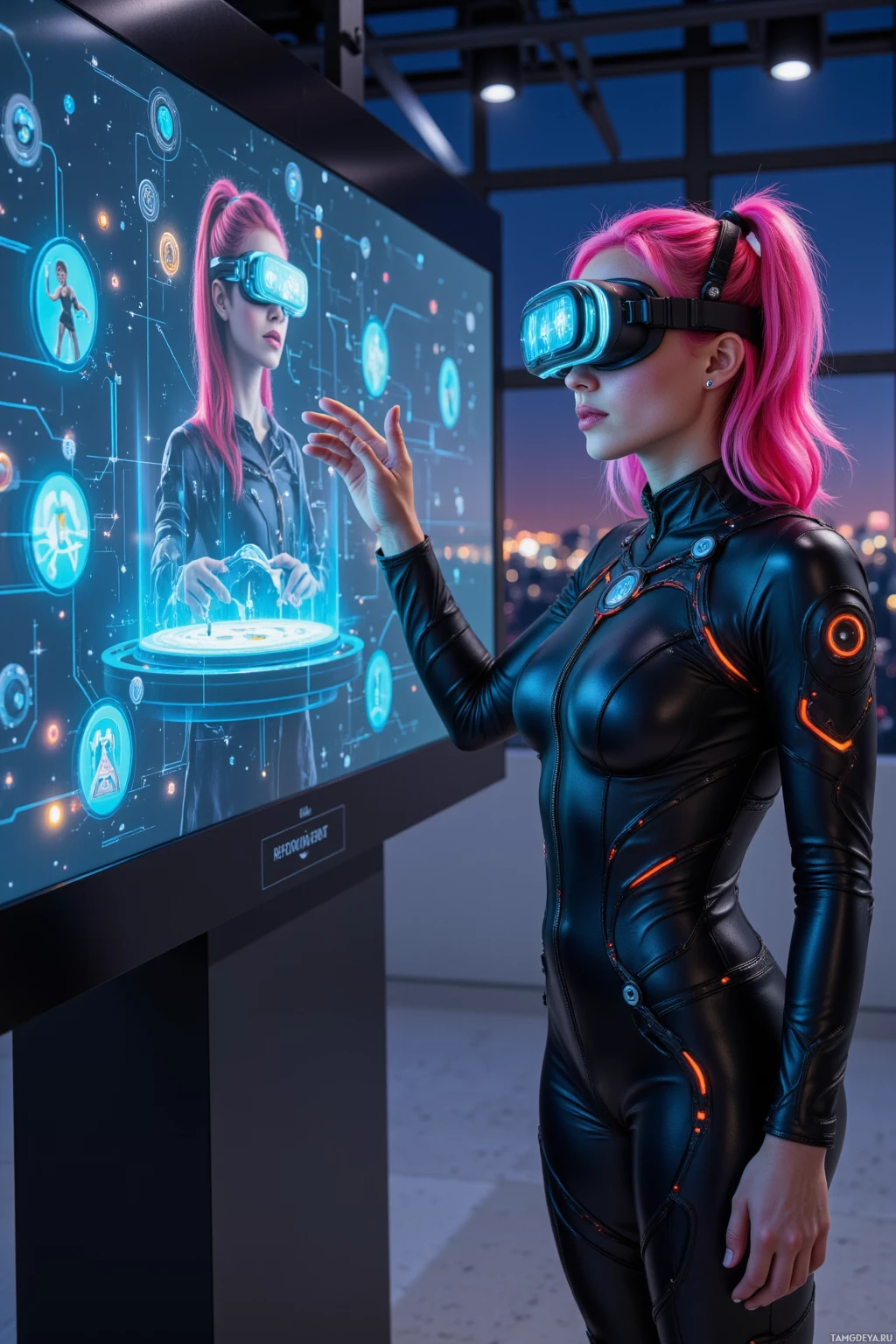 Человек в футуристическом костюме и VR-шлеме взаимодействует с цифровым интерфейсом.