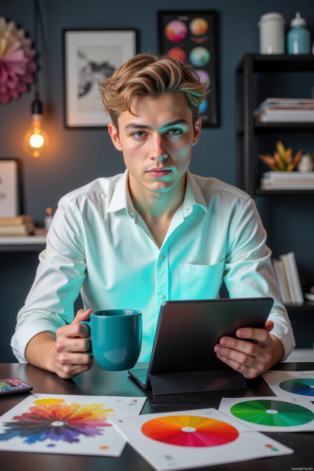 Realistic high quality photo. A young male with short light‑blonde hair and piercing blue eyes, wearing a pastel white shirt and sleek black pants, sits at a modern studio desk at dawn, examining a matte coffee mug’s contrast while editing a vibrant teal‑to‑neon color palette on a tablet, surrounded by color swatches and a mood board.