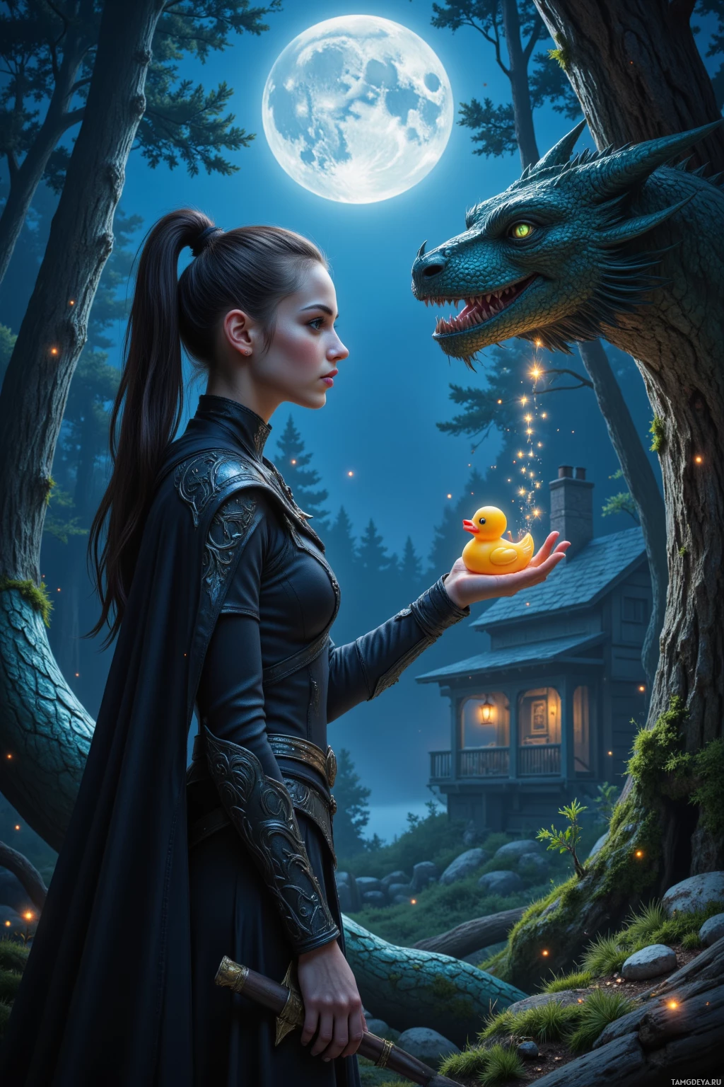 Realistic high quality photo. Moonlit forest at night, a slender dark‑haired night elf assassin with pale luminous skin, emerald eyes, tight ponytail, wearing sleek black armor and a shadowy cloak embroidered in silver, whispering a silent spell to a nearby dragon while a rubber ducky dangles from a branch where she left her dagger, with stardust cake crumbs drifting near a village bakery in the distance, all under a calm, stealthy atmosphere.