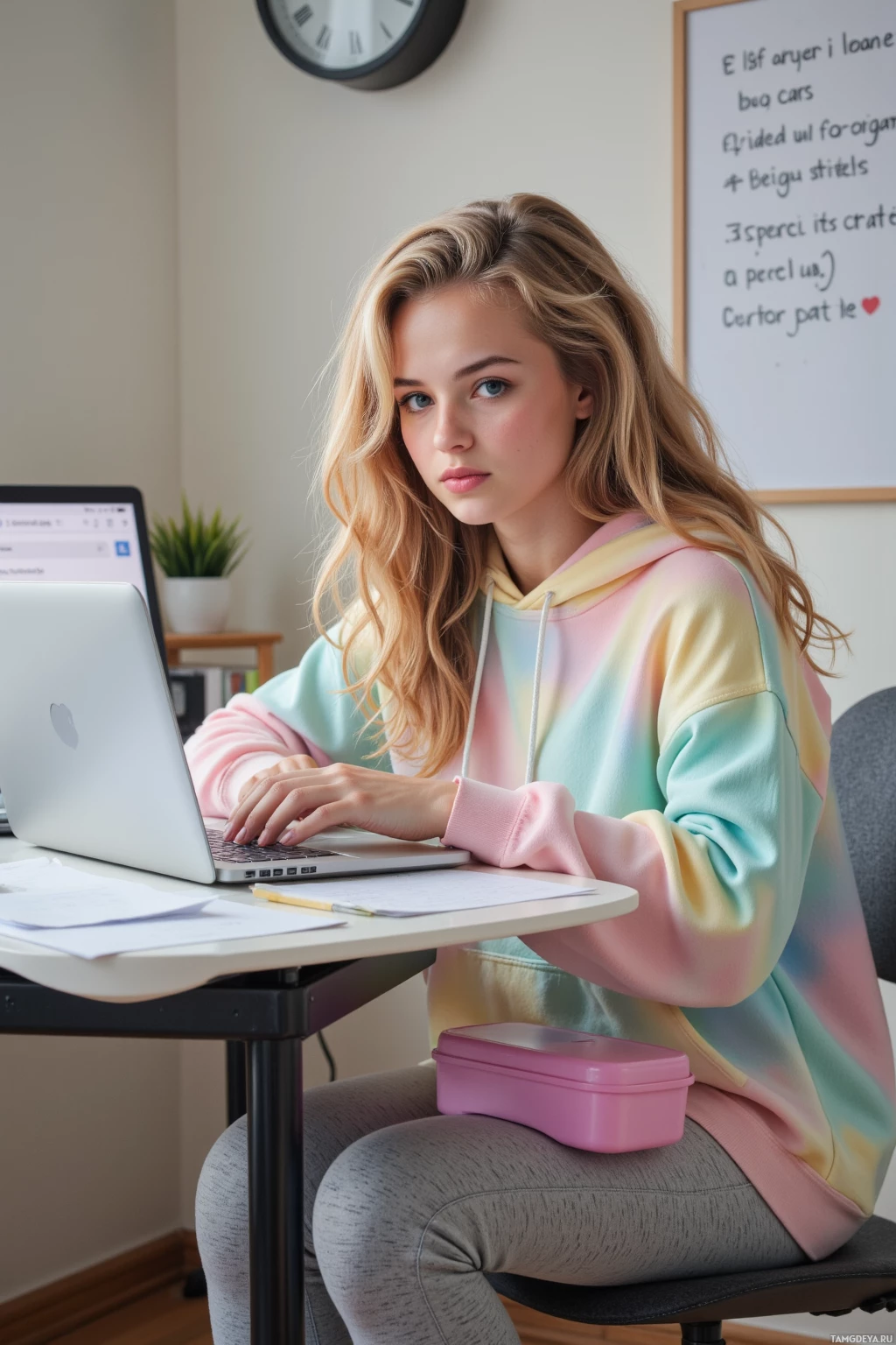 Realistic high quality photo. 19‑year‑old woman with curly blonde hair and blue eyes, wearing an oversized pastel hoodie and soft grey leggings, sits at a modern study desk at 3:12 PM, sorting French, Spanish, and Japanese idioms on a laptop while balancing a lunch box on the side table, with a digital AI assistant screen displaying spaced‑repetition schedules and essay edits, surrounded by organized notes and a wall clock, exuding methodical calm.