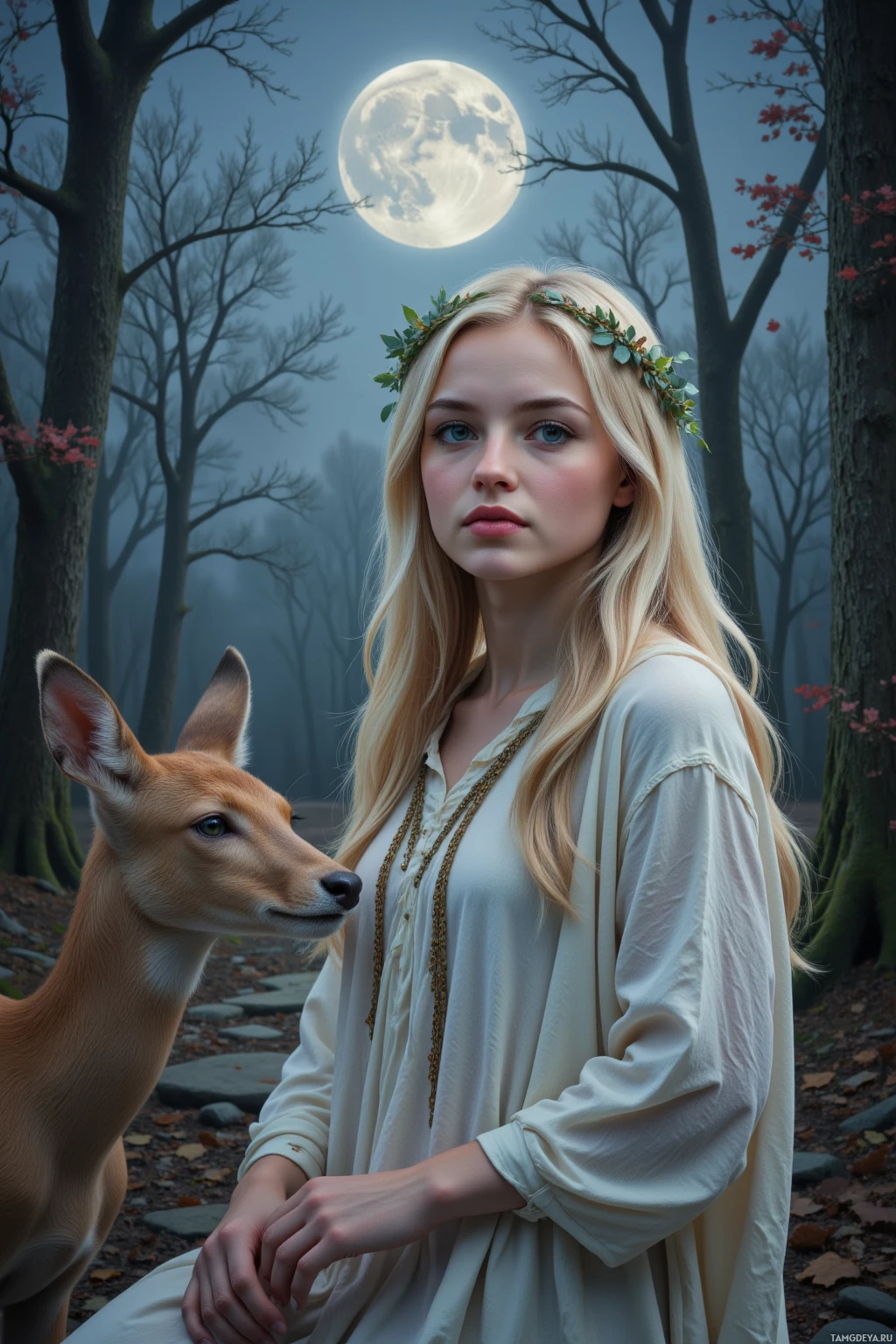 Realistic high quality photo. Forest guardian woman, 28, long blonde hair woven with a delicate crown of leaves, pale blue eyes, earthy-toned skin, wearing a flowing white natural‑fiber tunic, standing on a silver forest trail at twilight with ancient roots beneath her feet, a curious doe pausing to meet her gaze while winter wind stirs the leaves and moonlight filters through the canopy, exuding a serene yet protective aura.