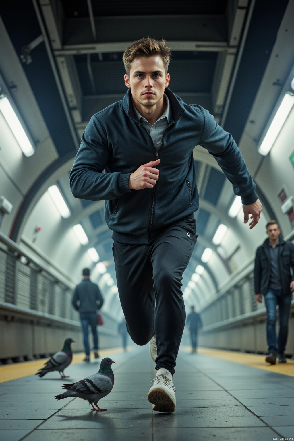 Realistic high quality photo. A 25‑year‑old man with short light brown hair, piercing blue eyes, athletic build, wearing a fitted sports jacket and comfortable sneakers, sprinting through a modern subway tunnel, chasing a pigeon darting between subway cars, with city lights reflecting off metal rails and his face focused and thrill‑seeker intense.