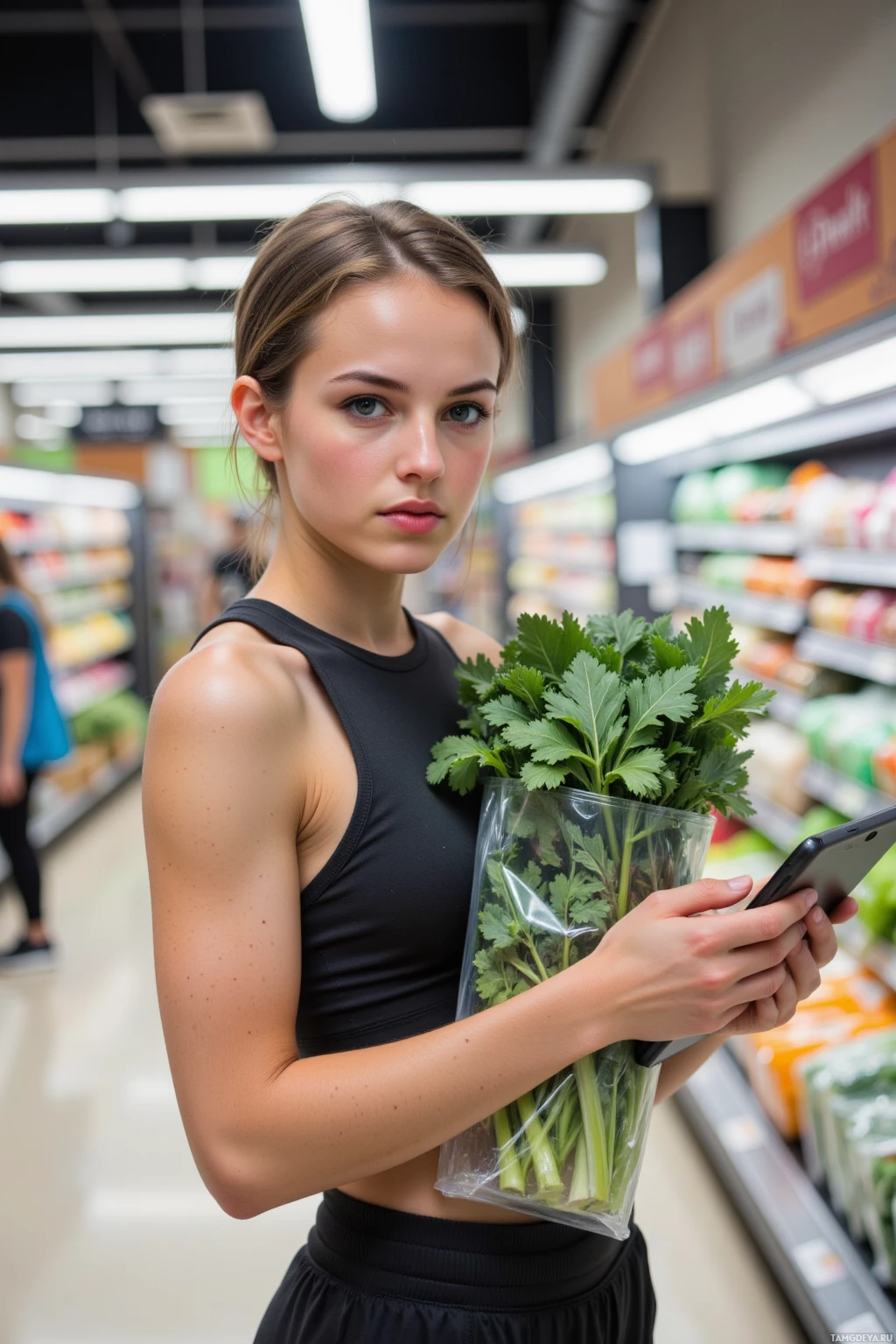 Женщина держит связку зелени и планшет в проходе продуктового магазина.