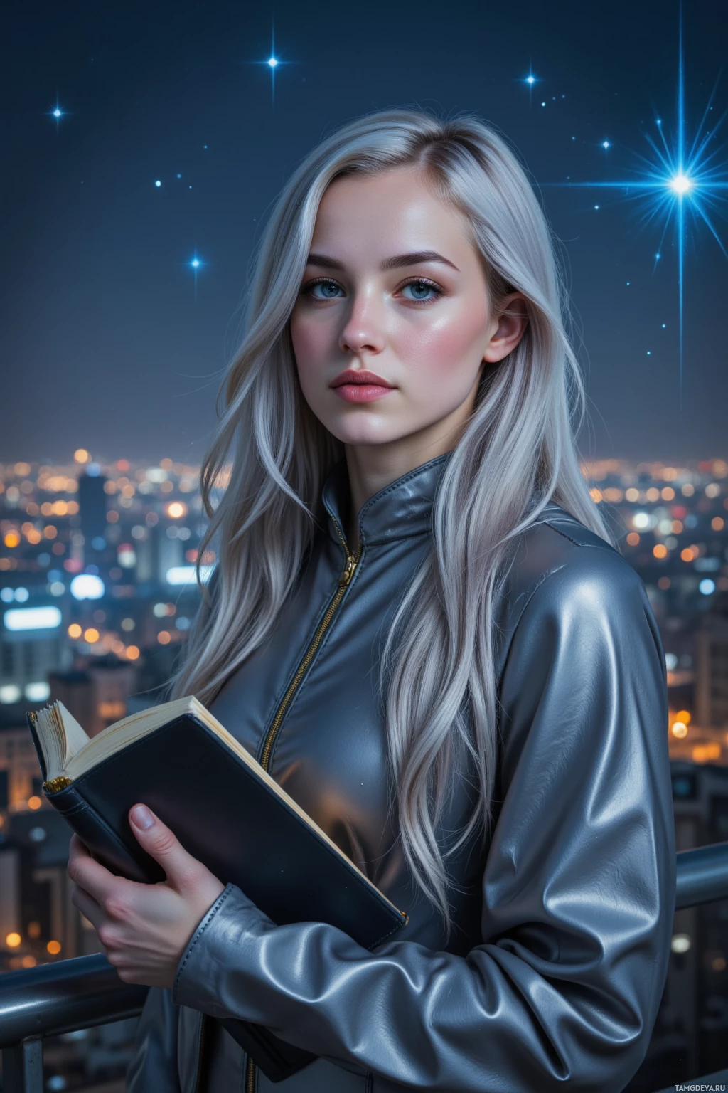 У девушки с длинными светлыми волосами в руках раскрытая книга, на фоне ночного городского пейзажа.