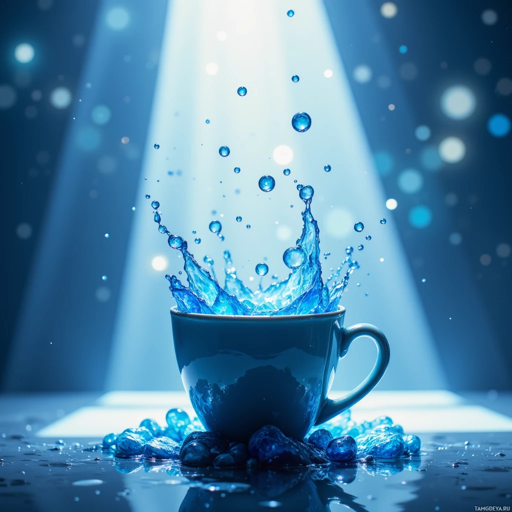 Голубой стакан с брызгами воды на фоне сияющего, светящегося фона.