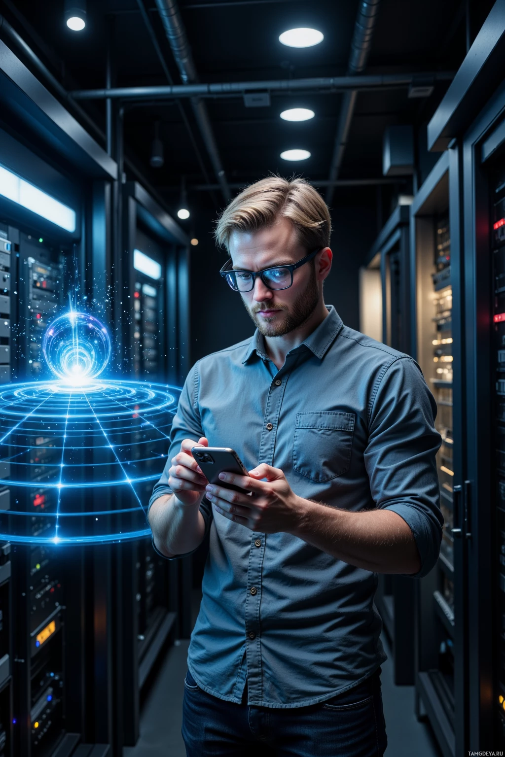 Мужчина в серверной комнате использует смартфон с голографическим интерфейсом.