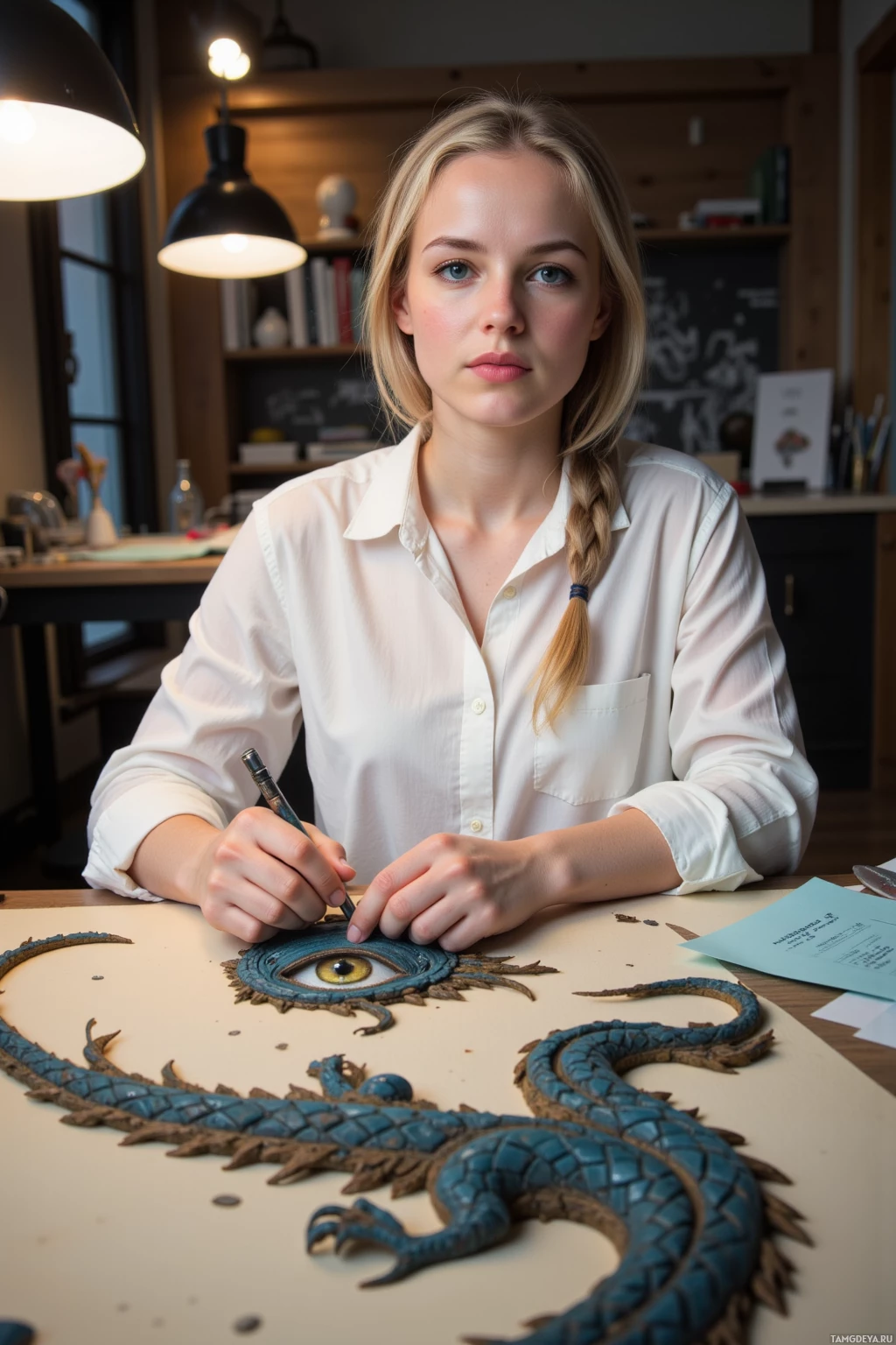 В светлой мастерской человек работает над детализированной скульптурой дракона.