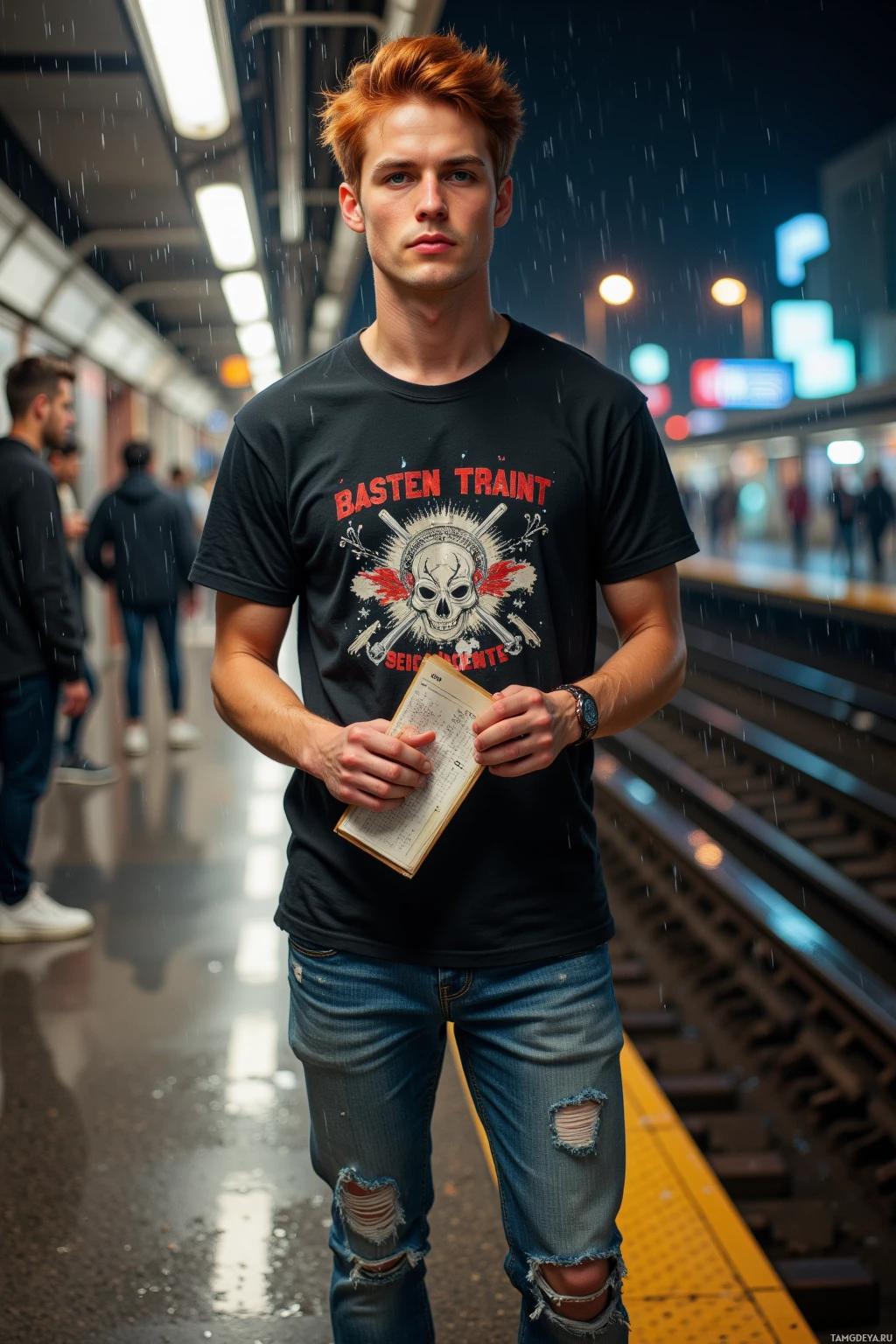 Мужчина стоит на мокрой платформе метро, держа в руках книгу, одетый в черную футболку и рваные джинсы.