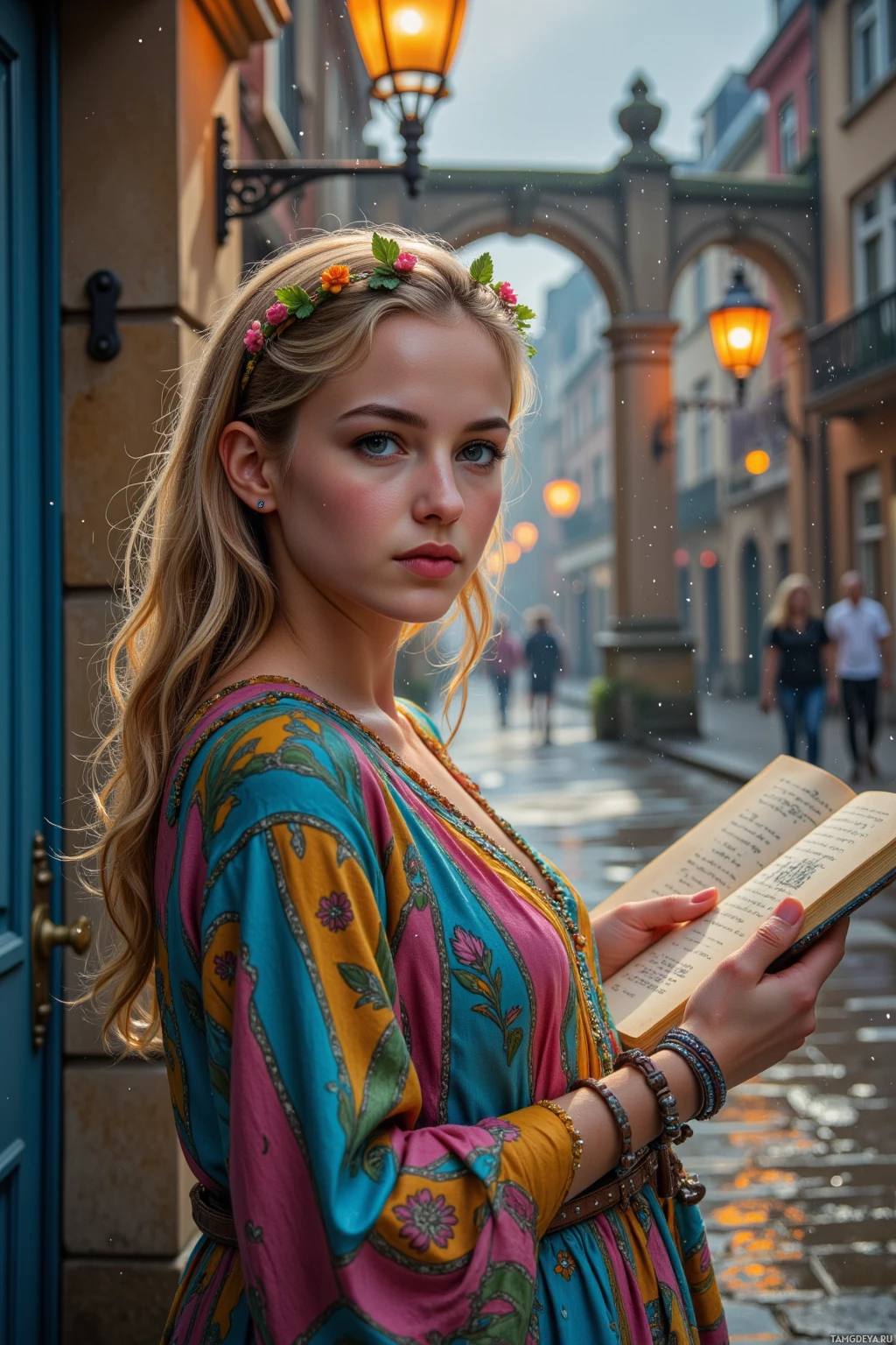 Женщина в ярком платье держит раскрытую книгу, стоя на мощёной улице на фоне фонарей и зданий.