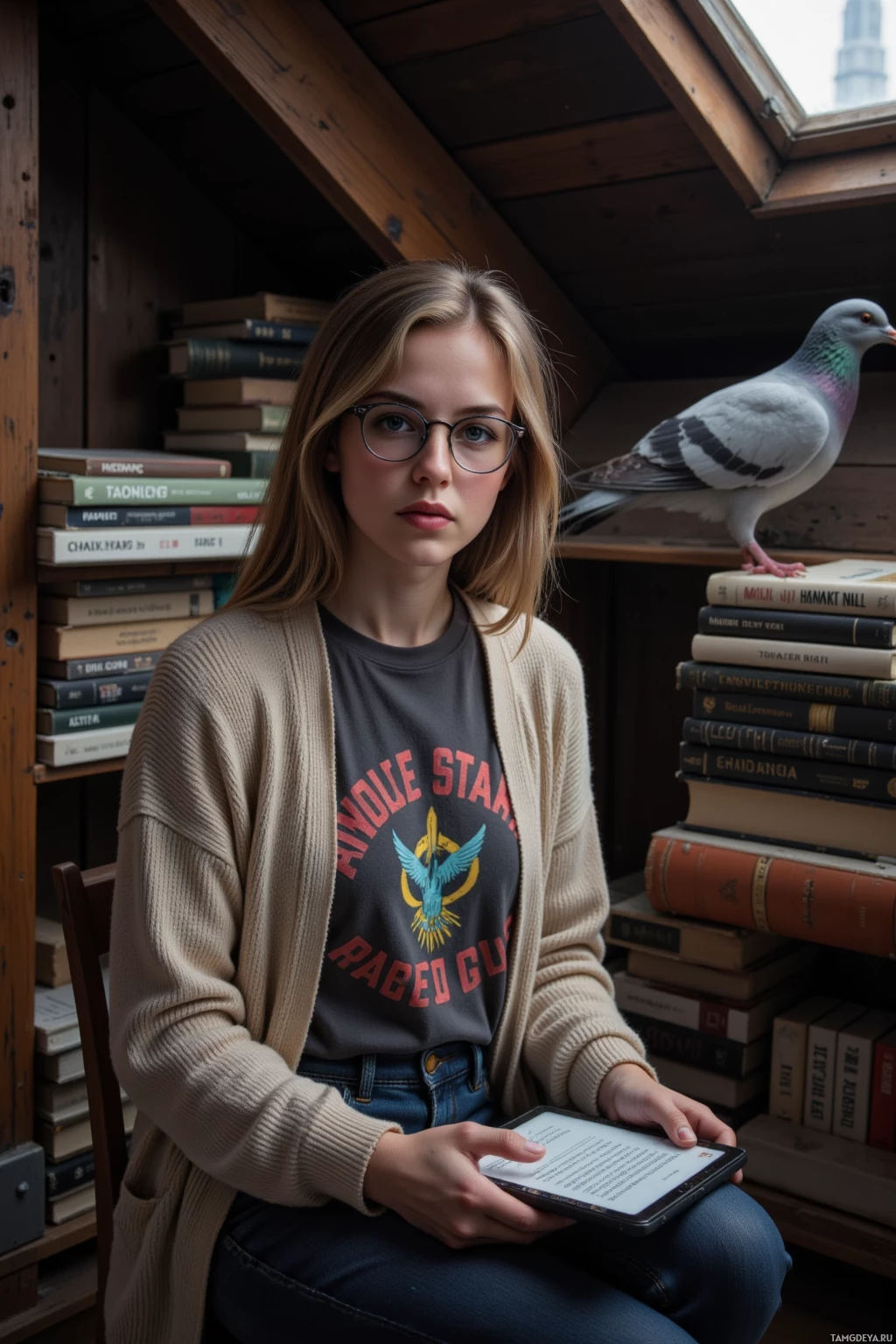 В уютной комнате с книгами и голубем сидит человек, держа в руках планшет.