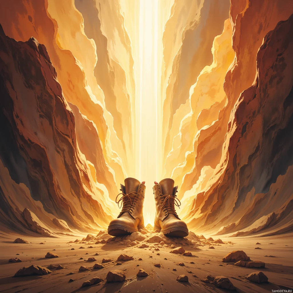 У входа в залитый солнцем каньон стоят сапоги.
