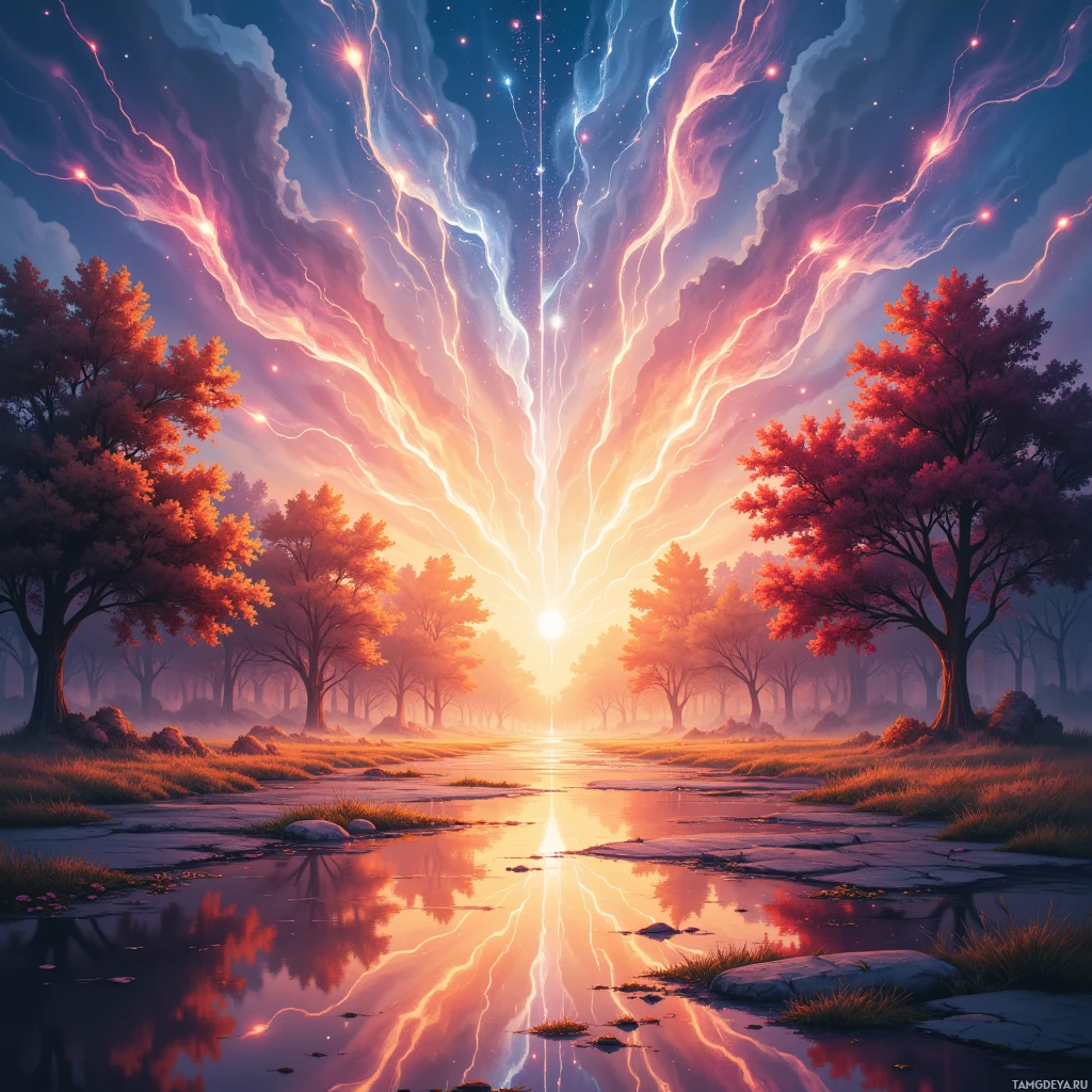 Безмятежный лесной пейзаж с яркими деревьями, зеркальным прудом и сияющим небом, залитым лучами света.