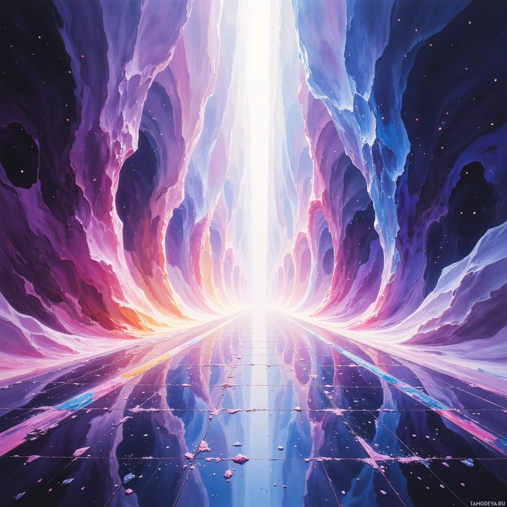 Яркая, космическая сцена с сияющим светом в центре, окруженным неземными, разноцветными скальными образованиями.