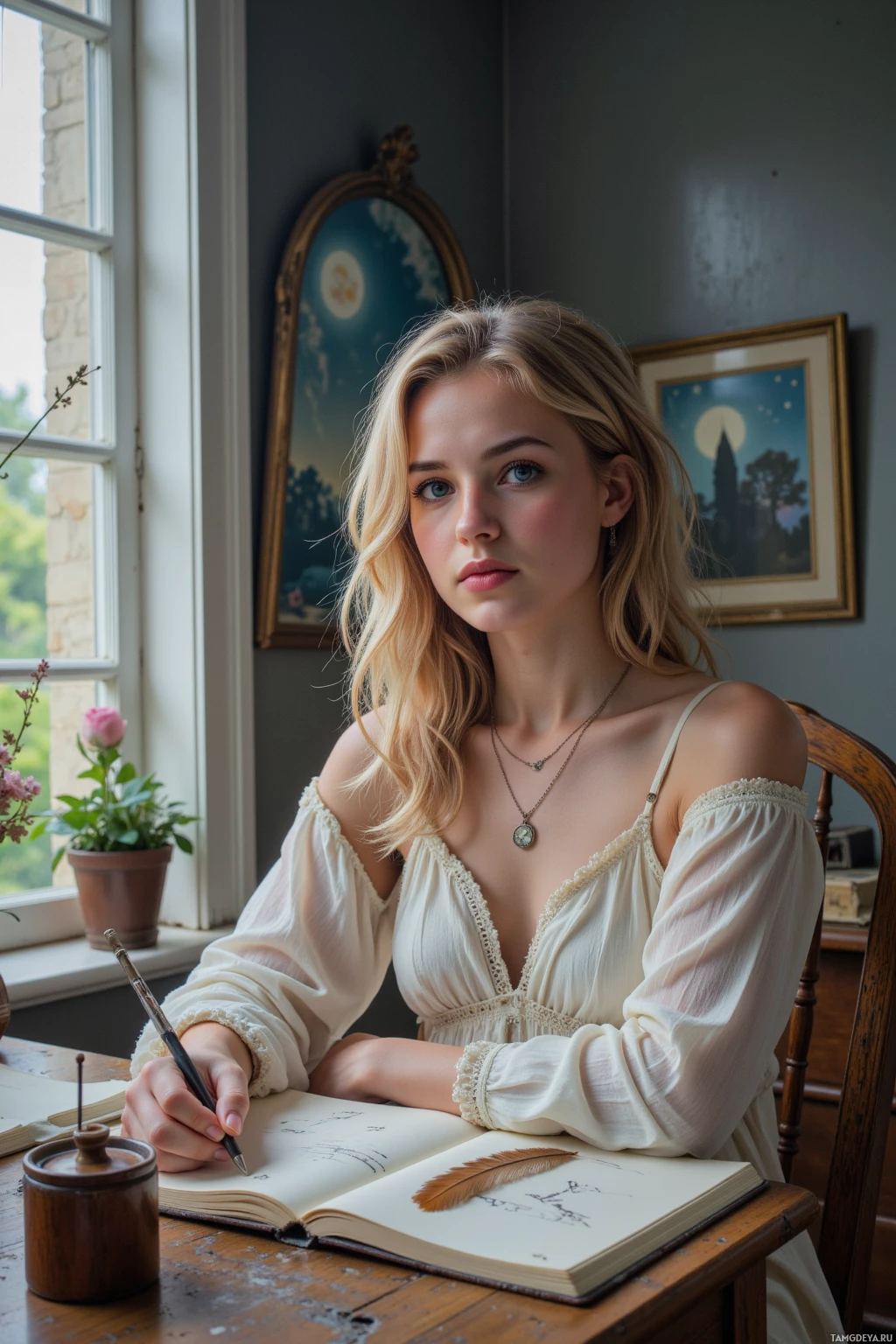 Женщина в белом платье сидит за столом и пишет пером в блокноте.