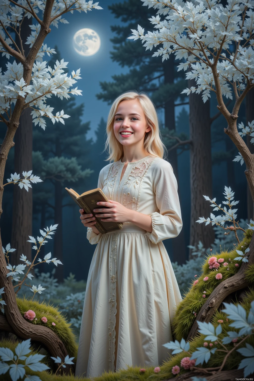 В ночном лесу стоит женщина в белом платье, держа в руках раскрытую книгу.