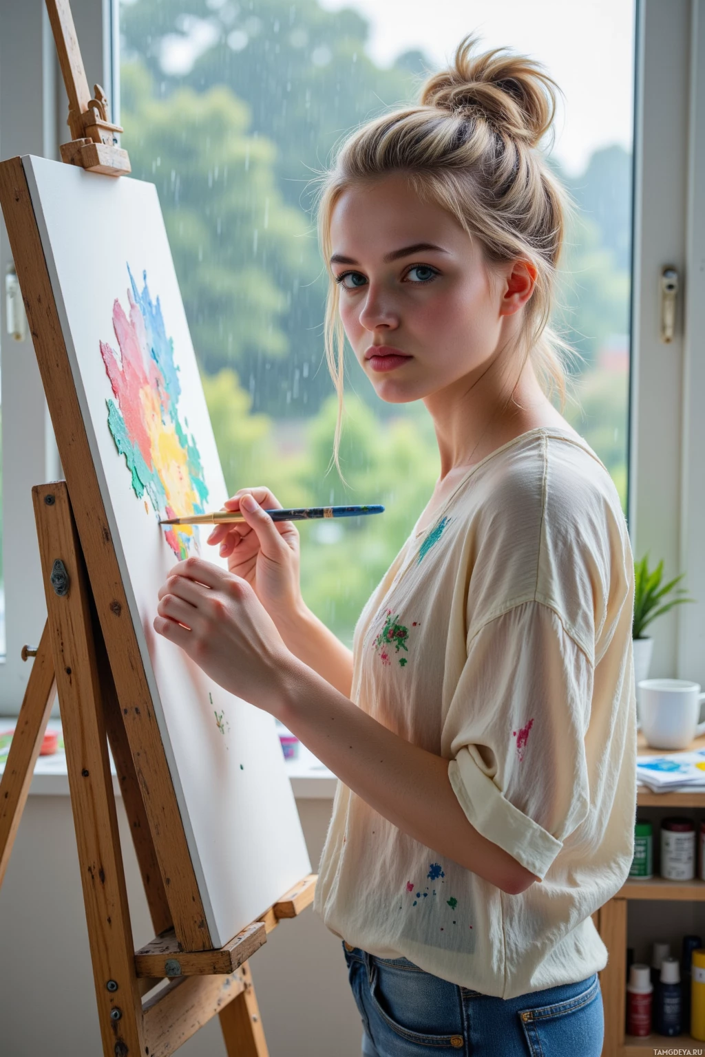 Человек рисует на мольберте в комнате с окном.