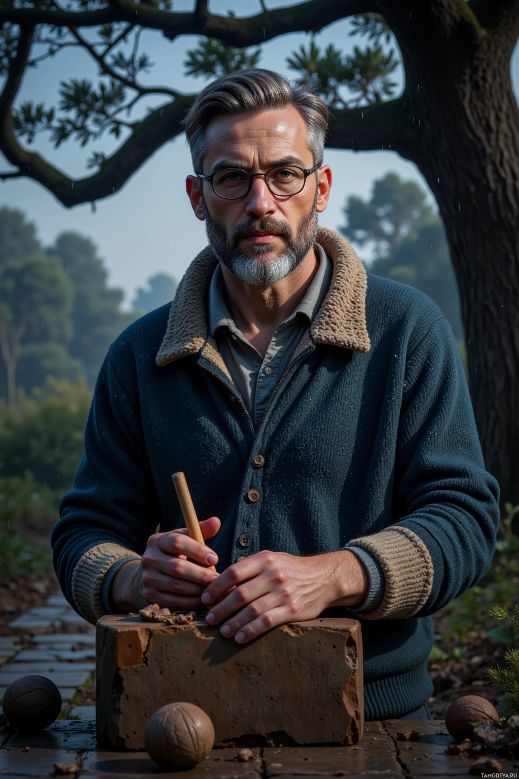 Мужчина с бородой и очками стоит на улице, держа в руках инструмент, на заднем плане видны дерево и рассыпанные орехи.