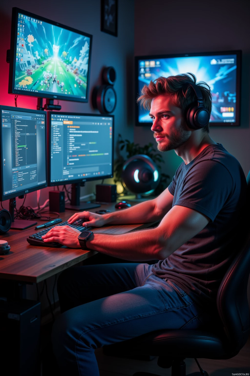 Человек сидит за столом с двумя мониторами, в наушниках и работает за компьютером.