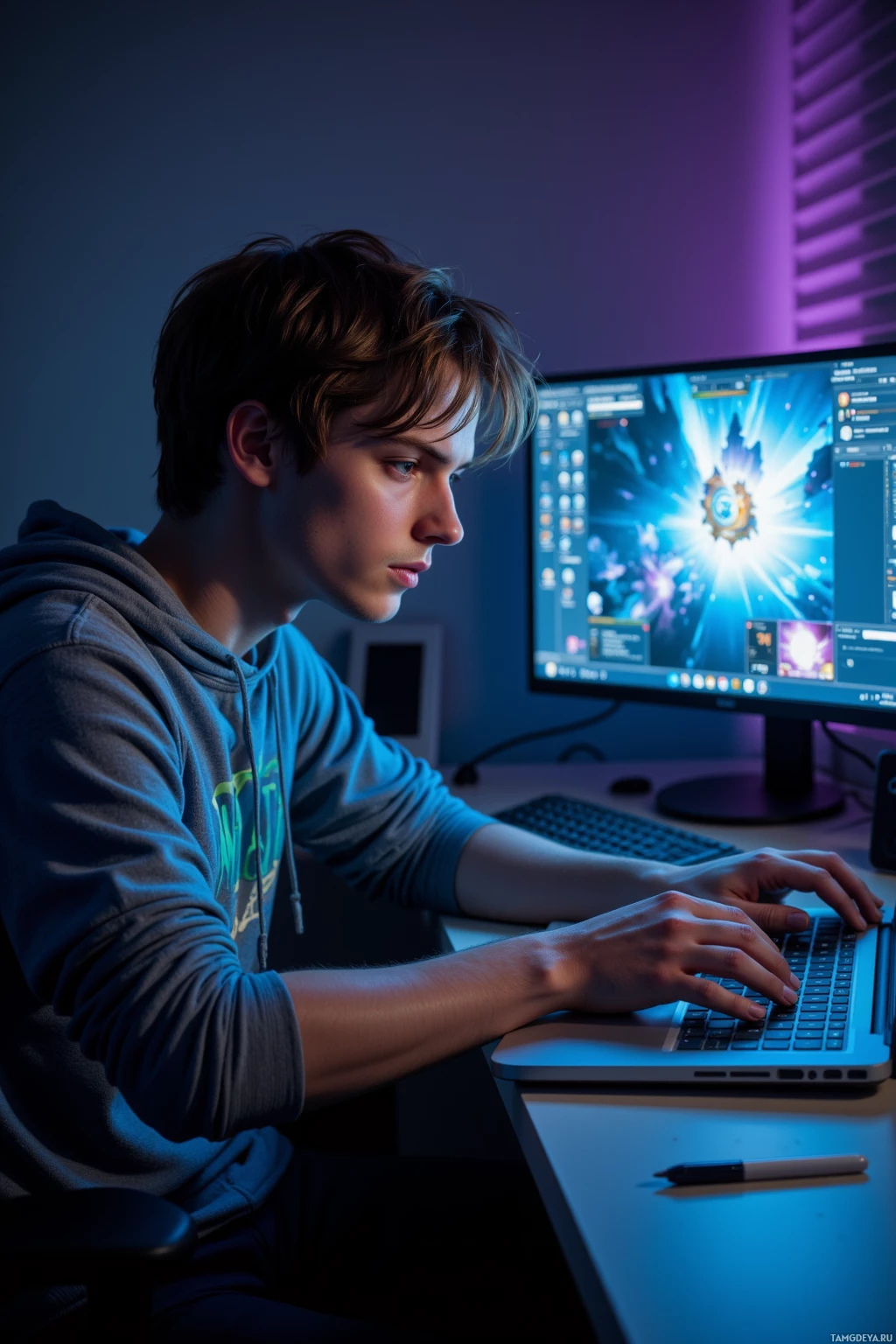 Человек сидит за столом и работает на ноутбуке, на заднем плане – красочный экран.