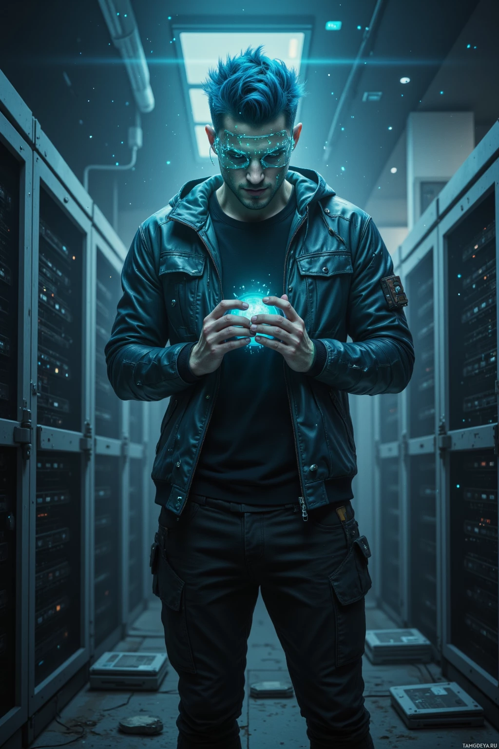 В серверной человек держит светящийся шар.