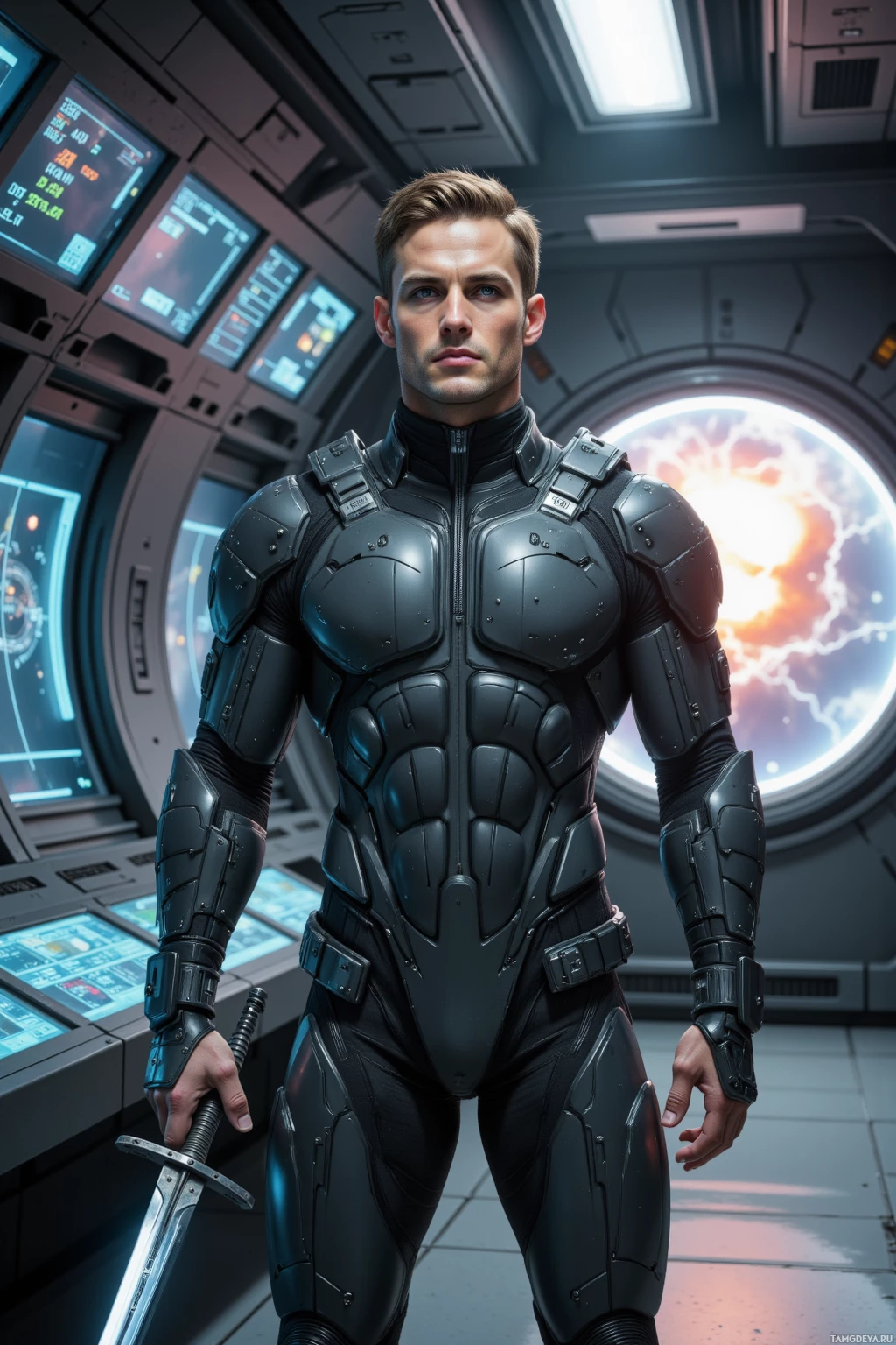 Человек в футуристических доспехах стоит в высокотехнологичной обстановке, держа меч.