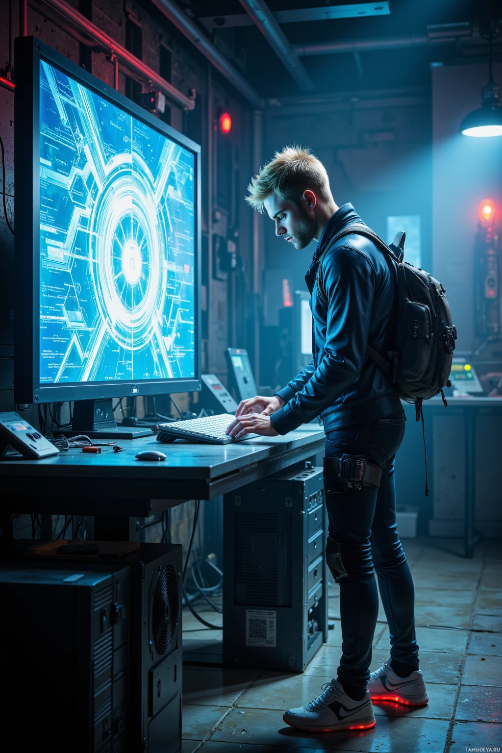 Человек в кожаной куртке работает за компьютером в полумраке промышленного помещения.