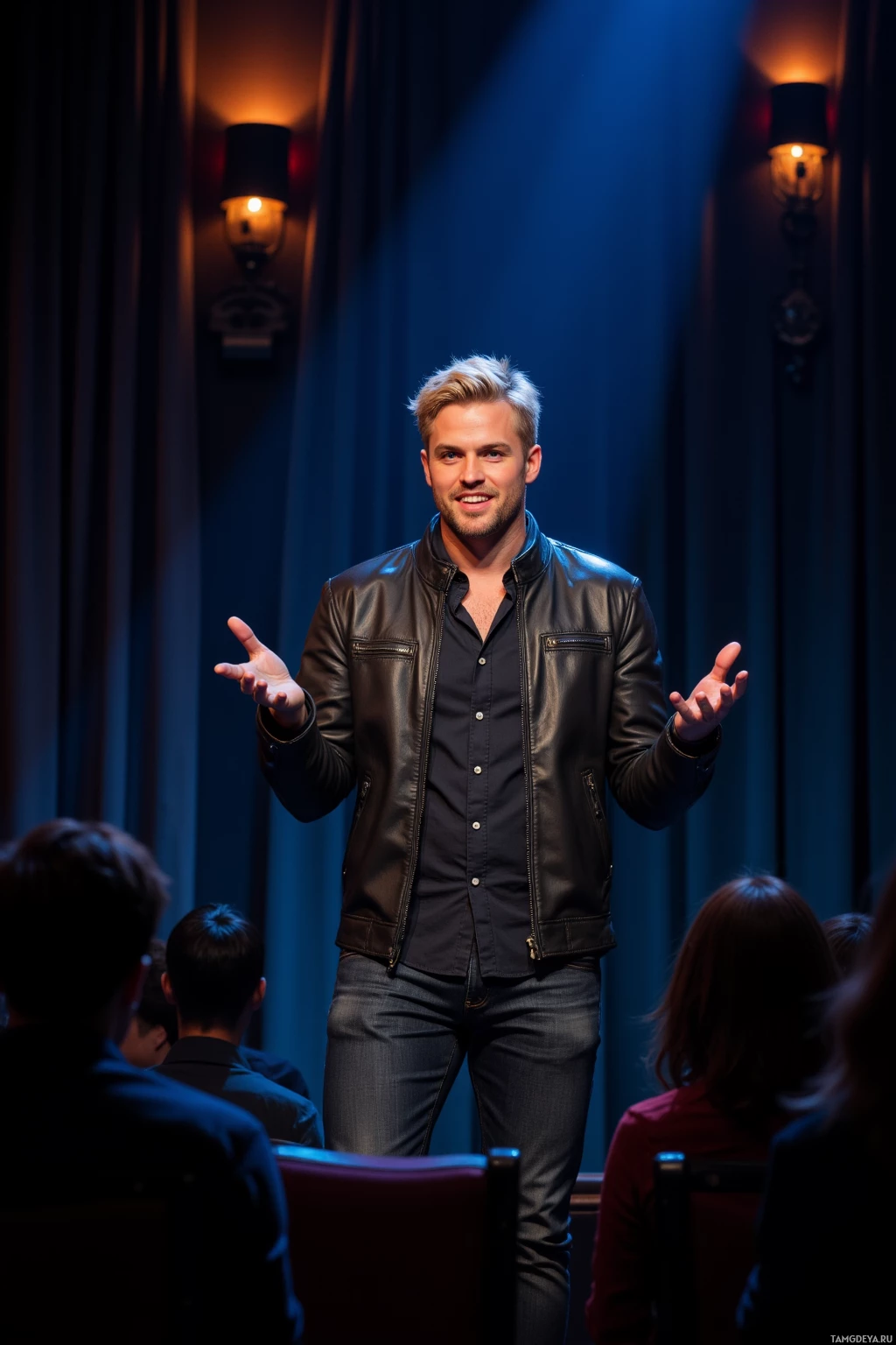 Мужчина в кожаной куртке стоит на сцене, общаясь с публикой, руки разведены в жестах.