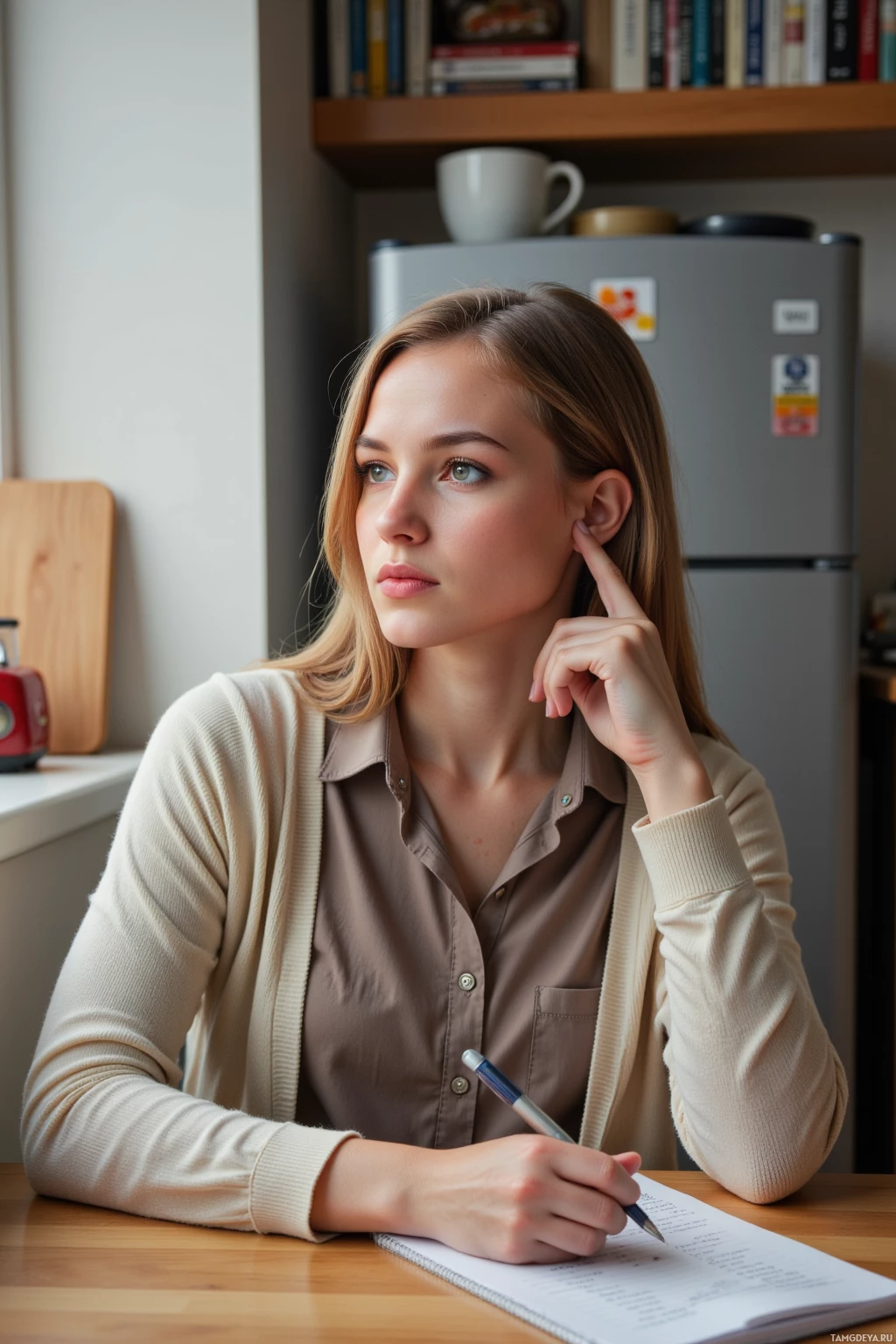 Женщина сидит за столом и пишет ручкой в блокноте.