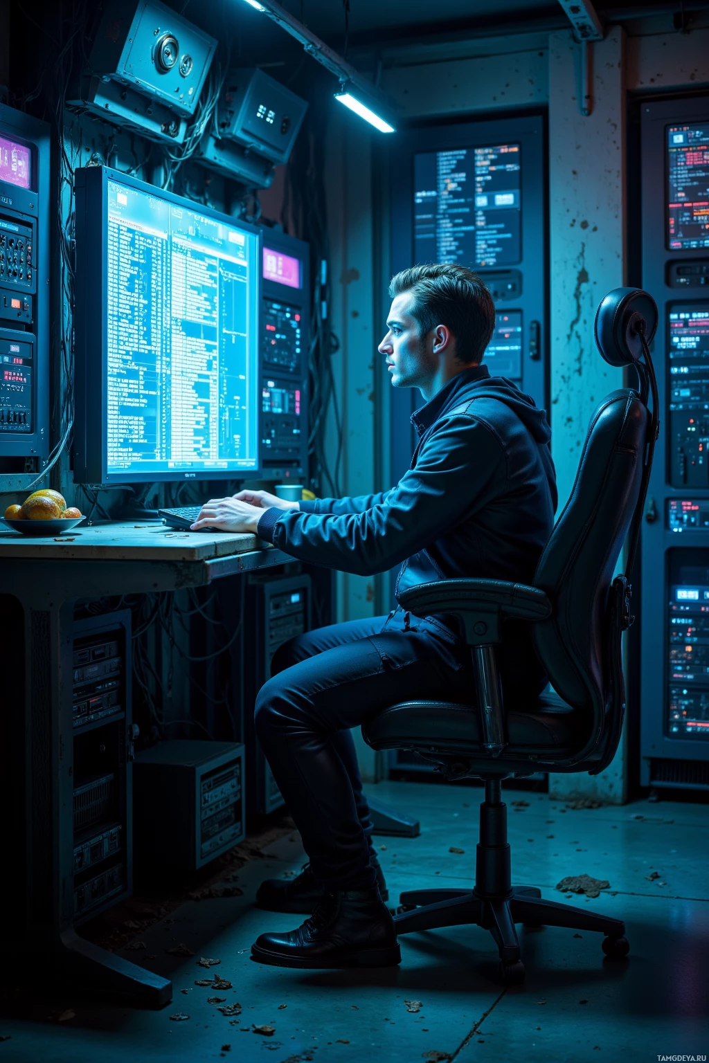 Человек сидит за столом в полумраке, работая за компьютером с несколькими мониторами, на которых отображаются строки кода и данные.