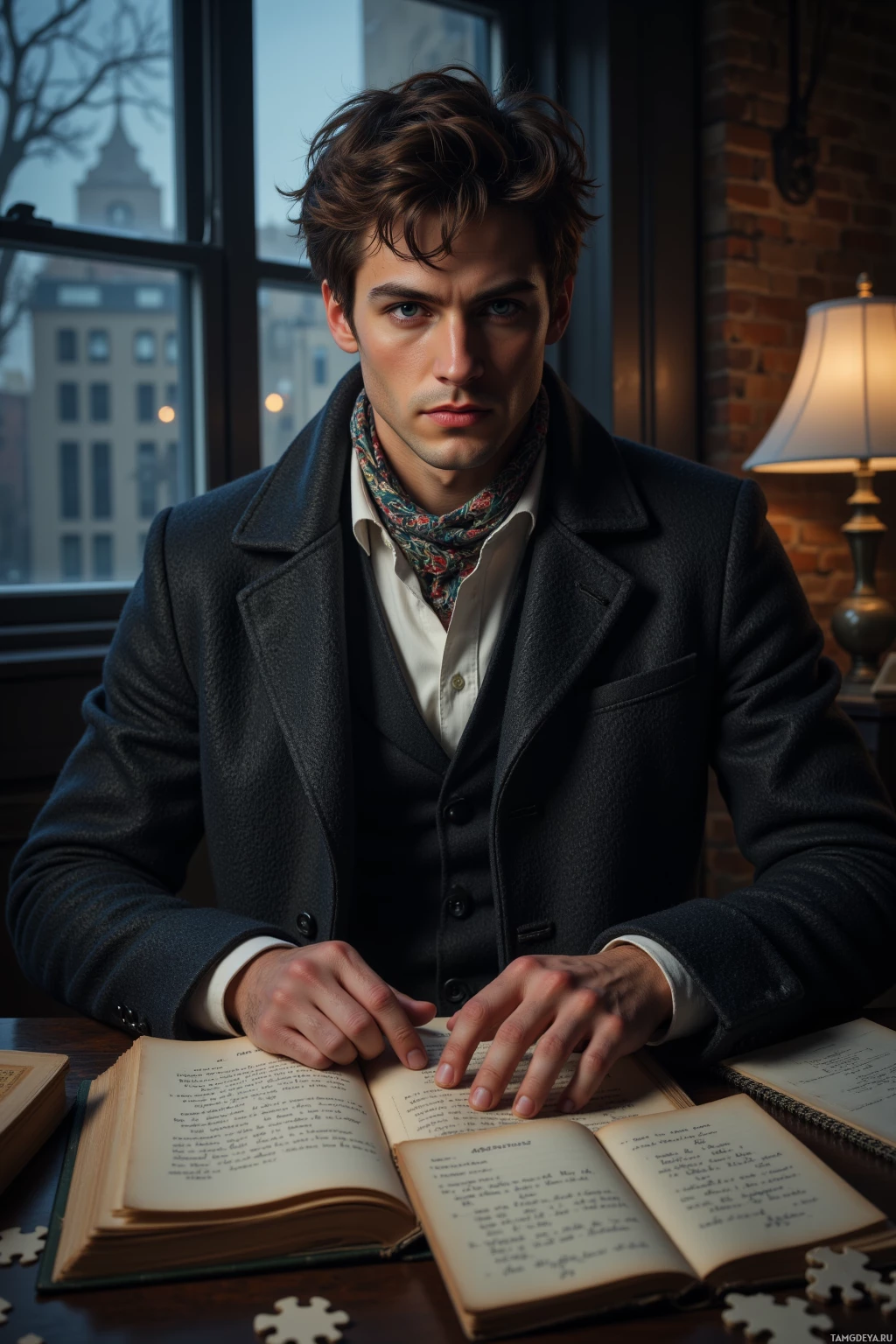 Мужчина в одежде в стиле ретро сидит за столом с открытой книгой, в уютной, приглушенно освещенной комнате.