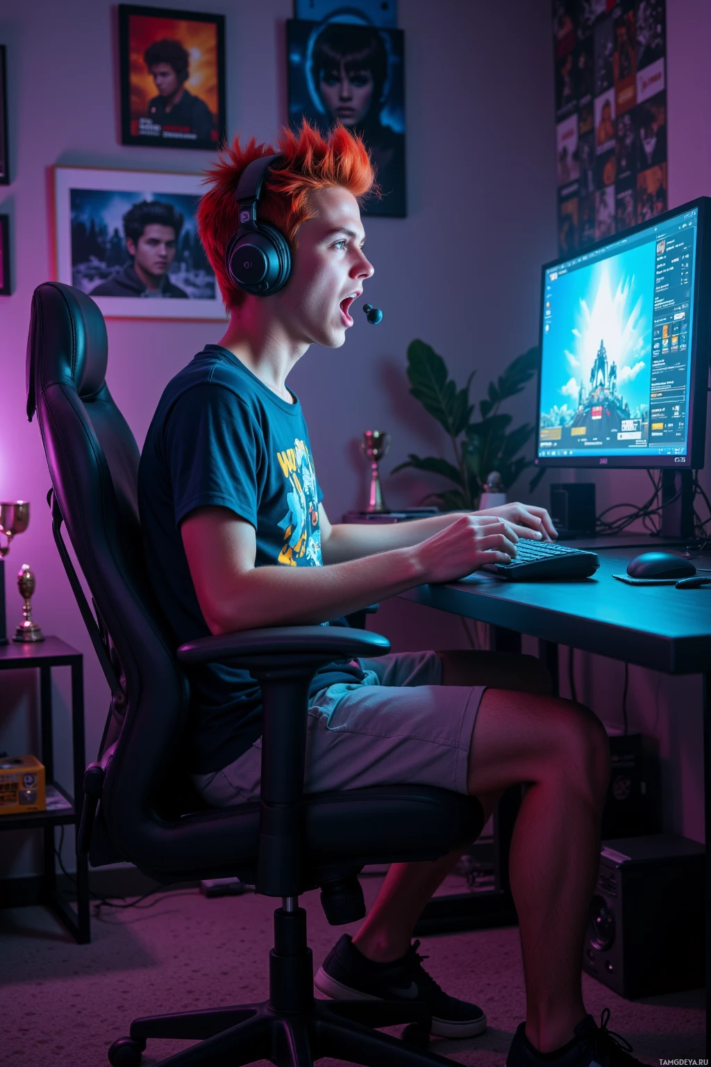 Человек сидит в игровом кресле, в наушниках и играет в видеоигру на компьютере.